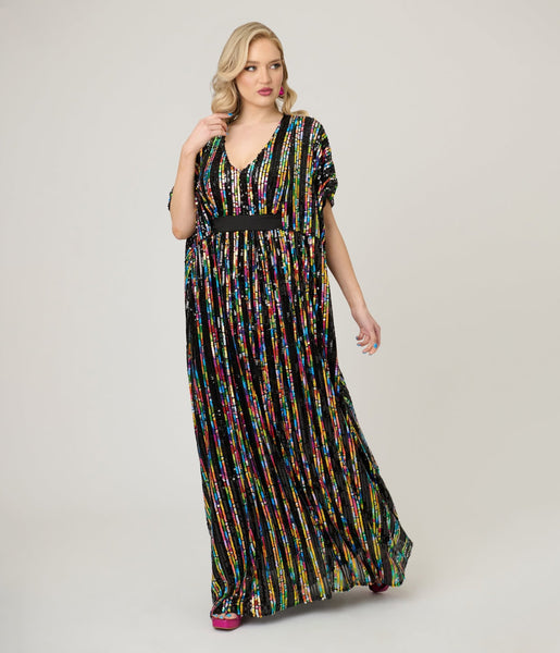 アイドル着用ブランド★[ZEROPLANET] REINA RIBBON DRESS Unique Vintage Rainbow Sequin Stripe Burton Caftan Dress