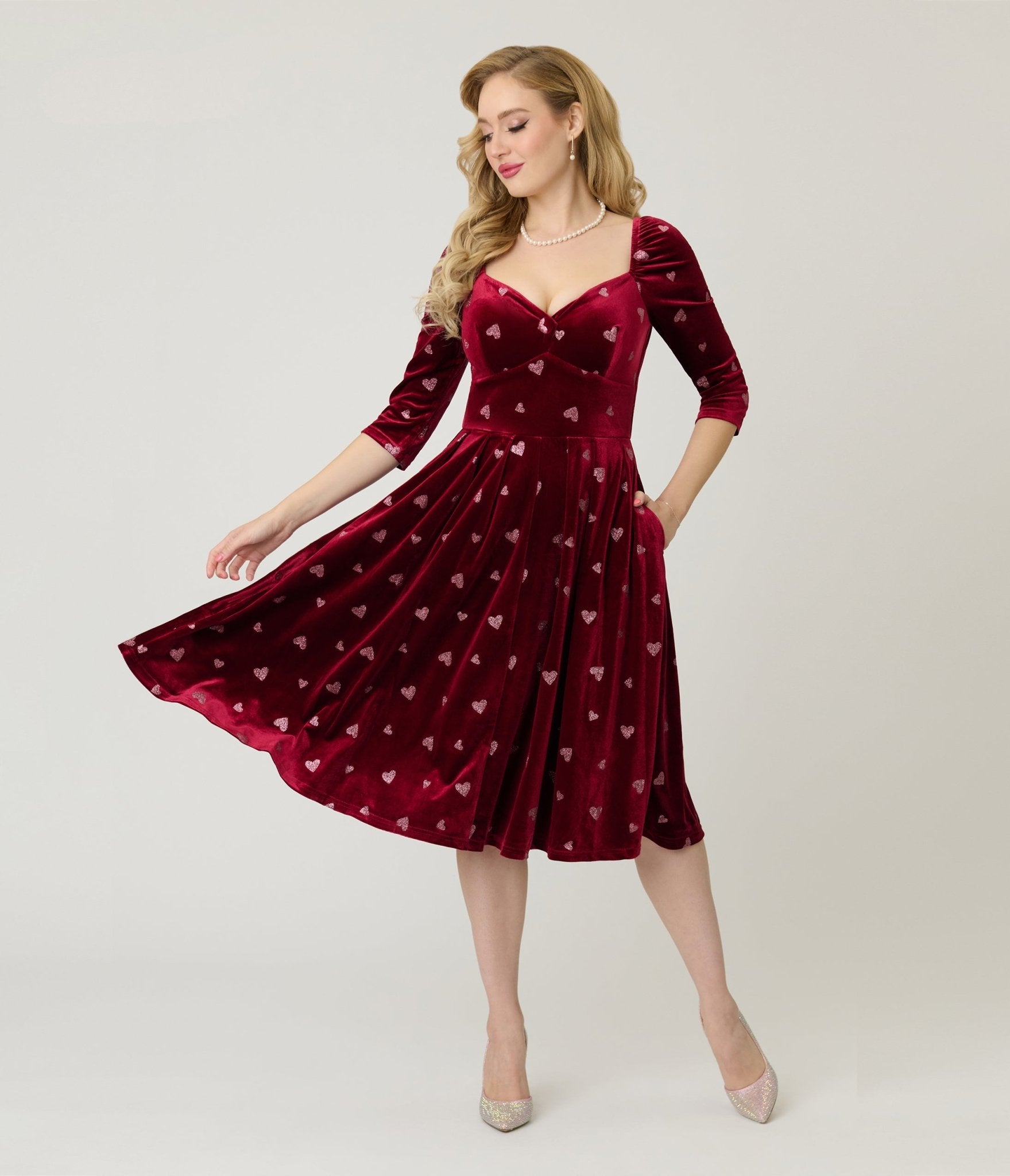 Unique Vintage Red & Pink Glitter Heart Velvet Lamar Swing Dress