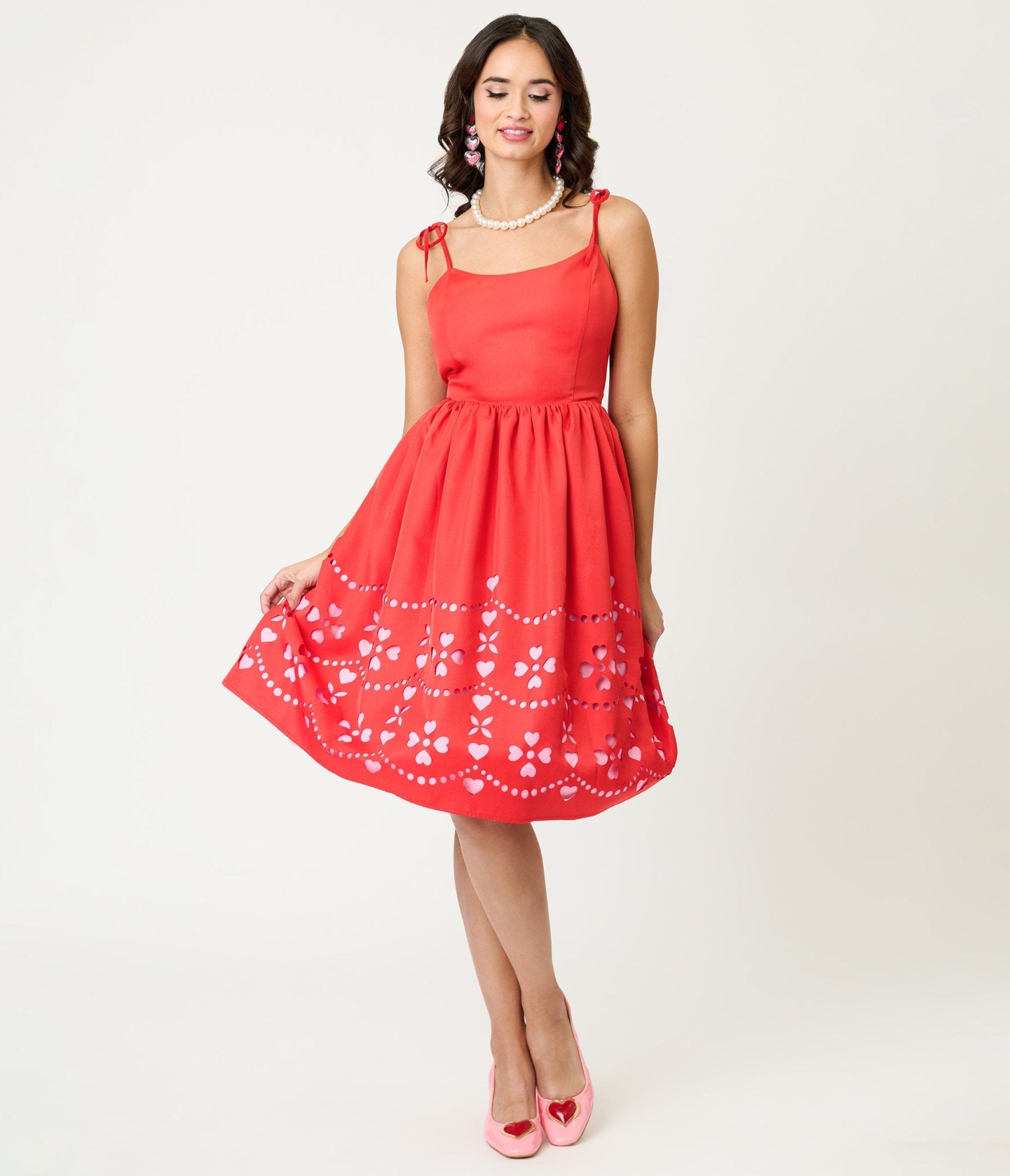 Unique Vintage Red & Pink Hearts Cutout Swing Dress