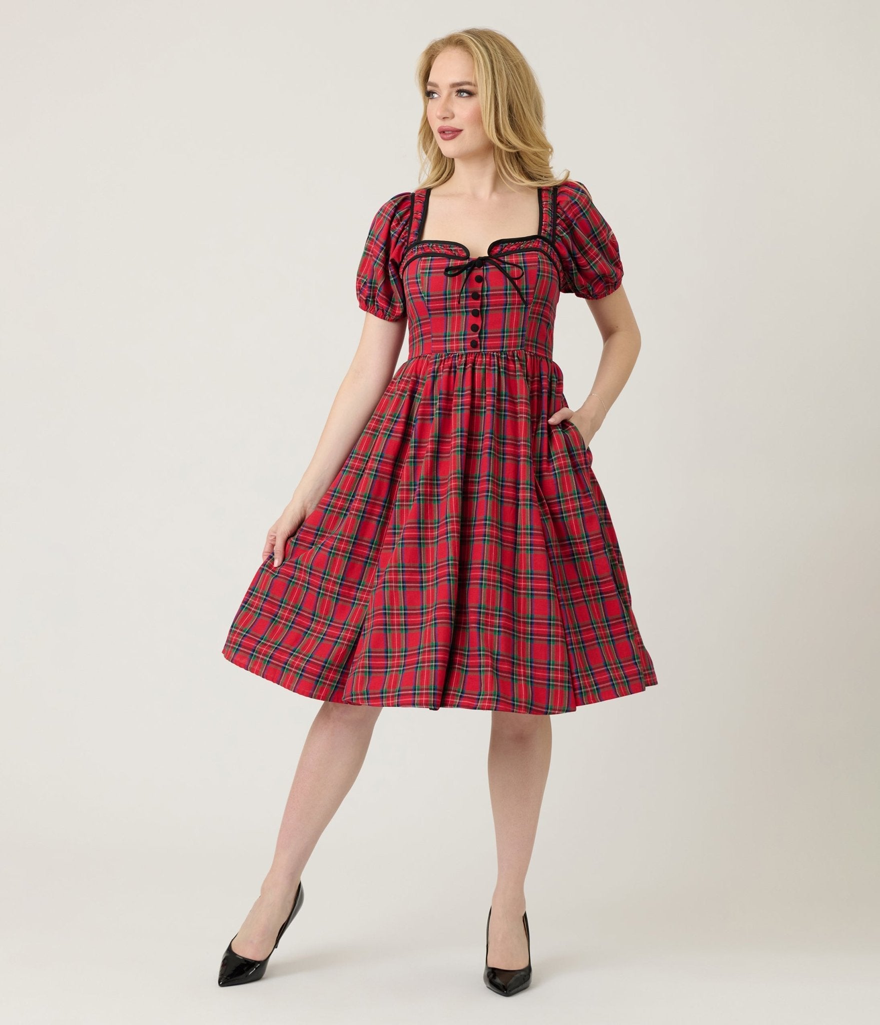 Unique Vintage Red Plaid Button Front Swing Dress Unique Vintage Red Plaid Button Front Swing Dress