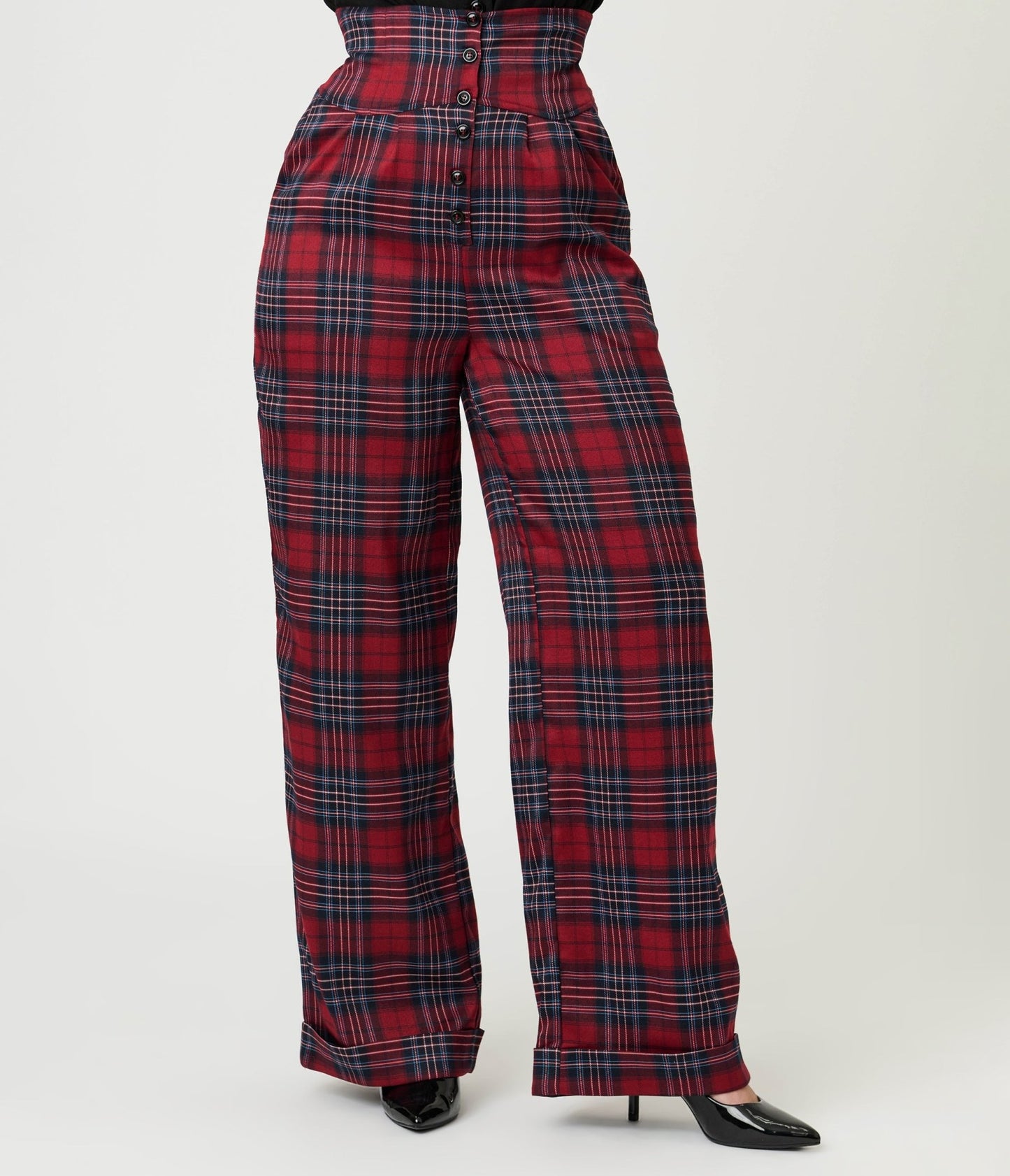 Unique Vintage Red Plaid High Waist Trousers - Unique Vintage - Womens, BOTTOMS, PANTS