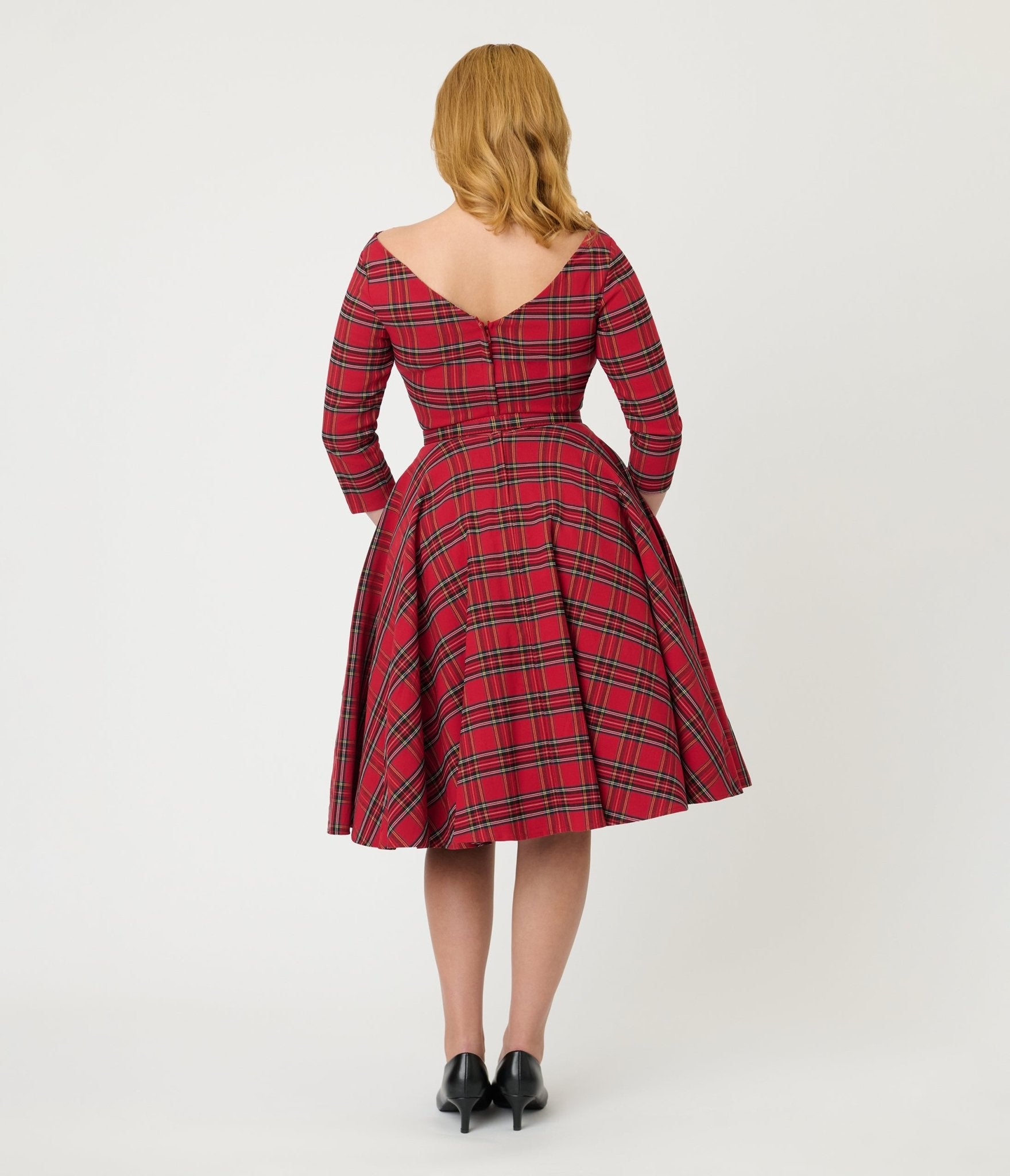 Unique Vintage Red Plaid Sleeved Devon Swing Dress - Unique Vintage - Womens, DRESSES, SWING