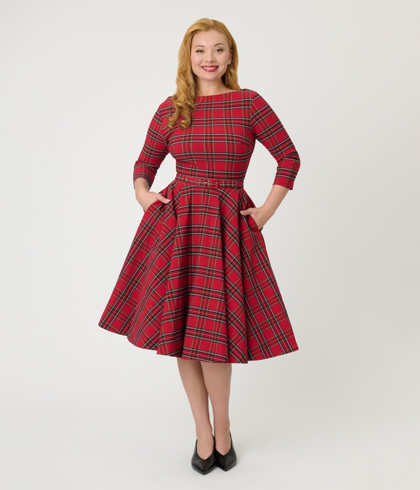 Unique Vintage Red Plaid Sleeved Devon Swing Dress - Unique Vintage - Womens, DRESSES, SWING