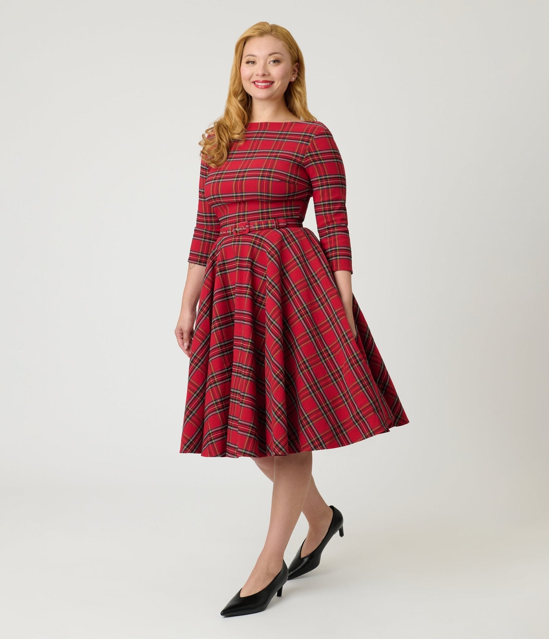 white christmas dresses Unique Vintage Red Plaid Sleeved Devon Swing Dress