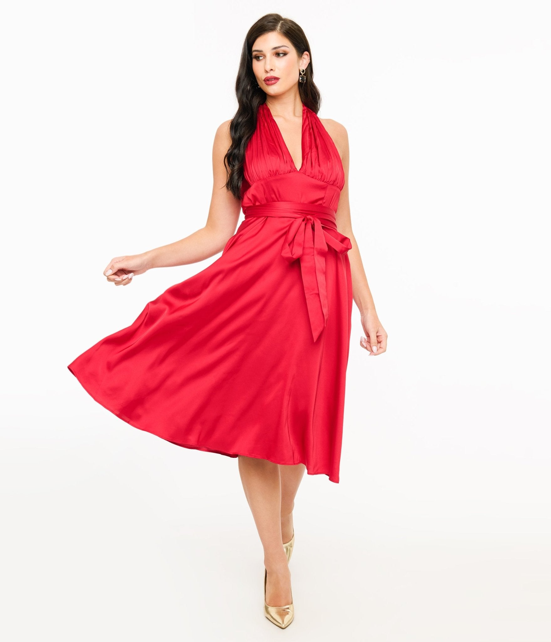 red halter swing dress Slow Dance Chain Halter Midi Dress Red