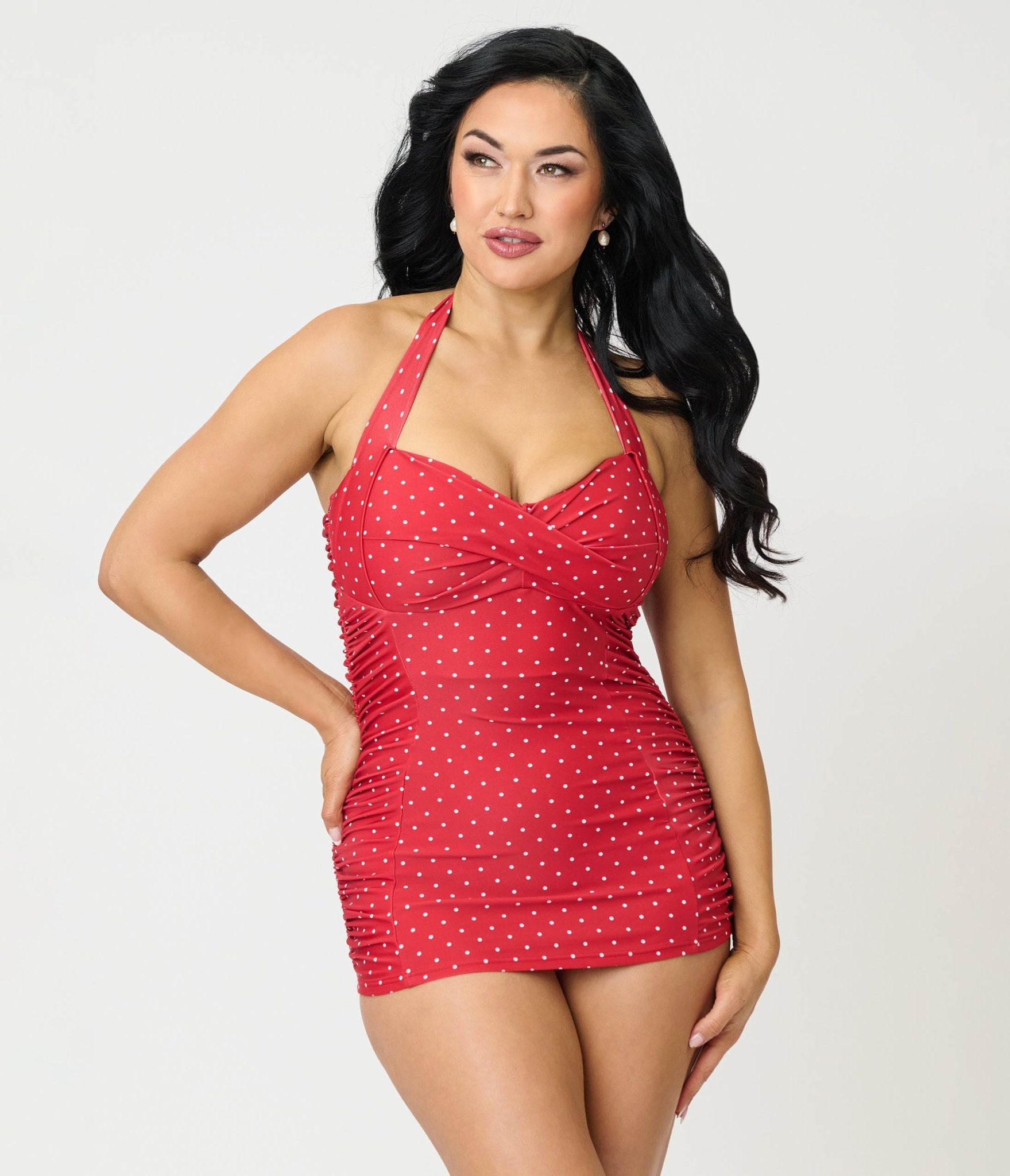 red swim dress Unique Vintage Red & White Dot Corinne Sheath Swimsuit S/4