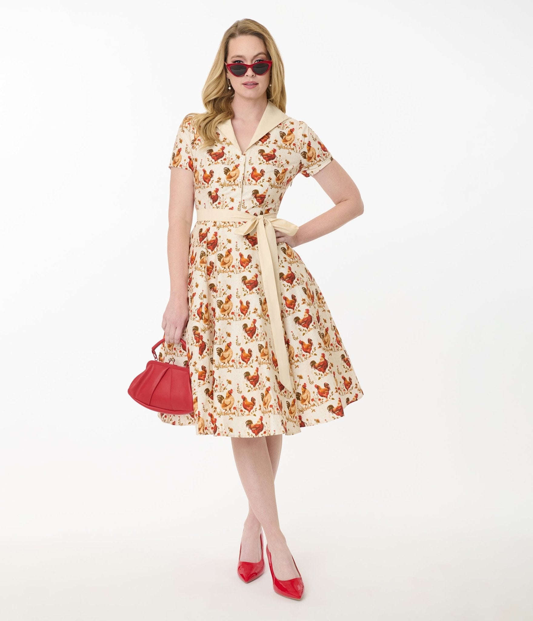 Unique Vintage Rooster Print Cotton Shirt Dress - Unique Vintage - Womens, DRESSES, SWING