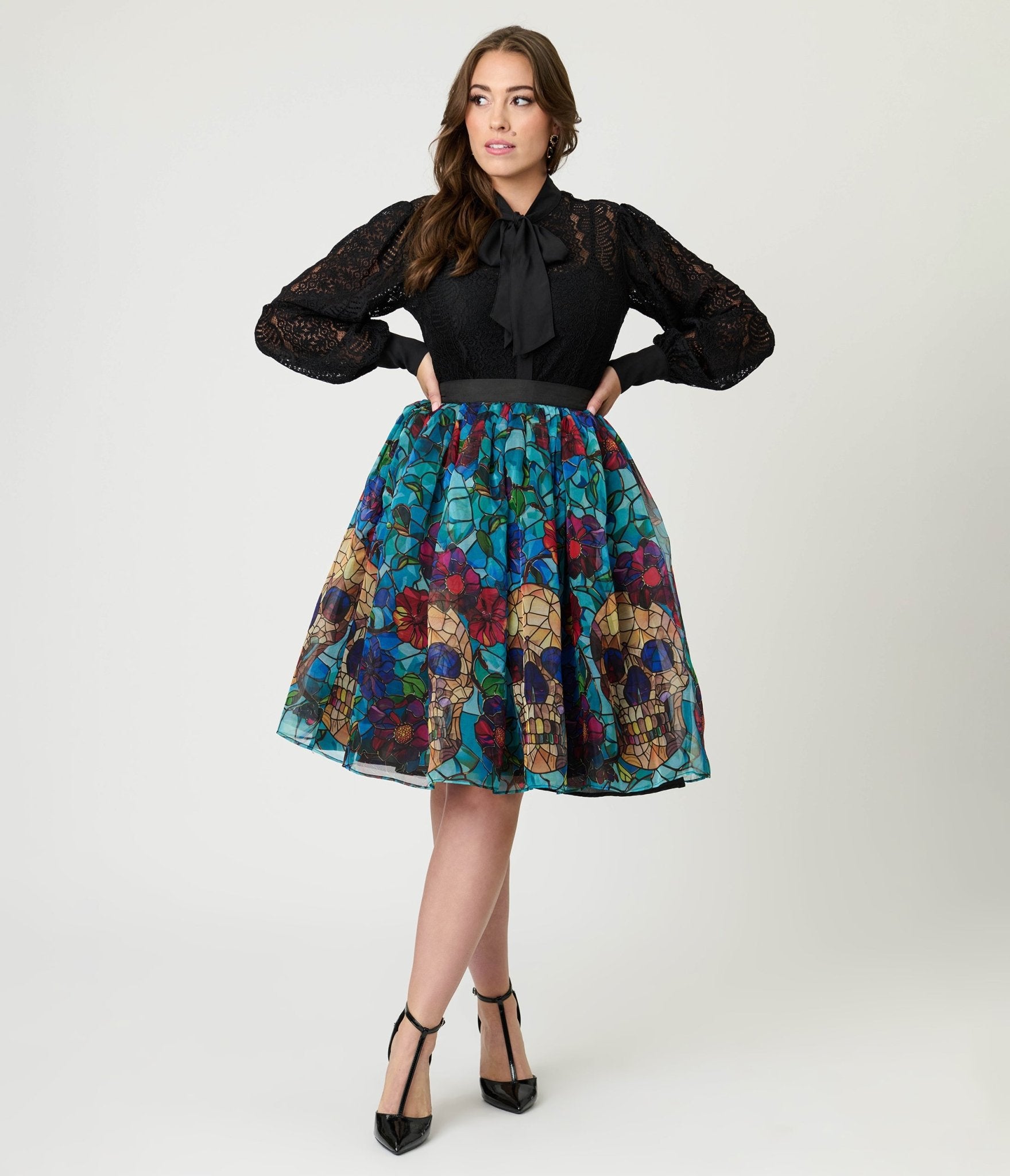 Unique Vintage Stained Glass Skull & Roses Flare Ballerina Skirt - Unique Vintage - Womens, BOTTOMS, SKIRTS