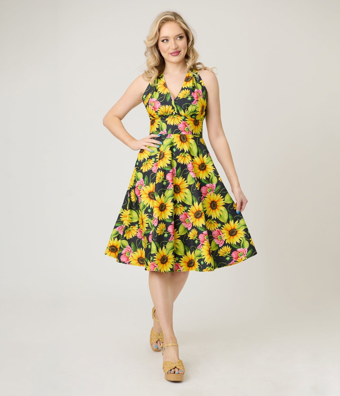 Unique Vintage Sunflower Cotton Halter Swing Dress - Unique Vintage - Womens, DRESSES, SWING