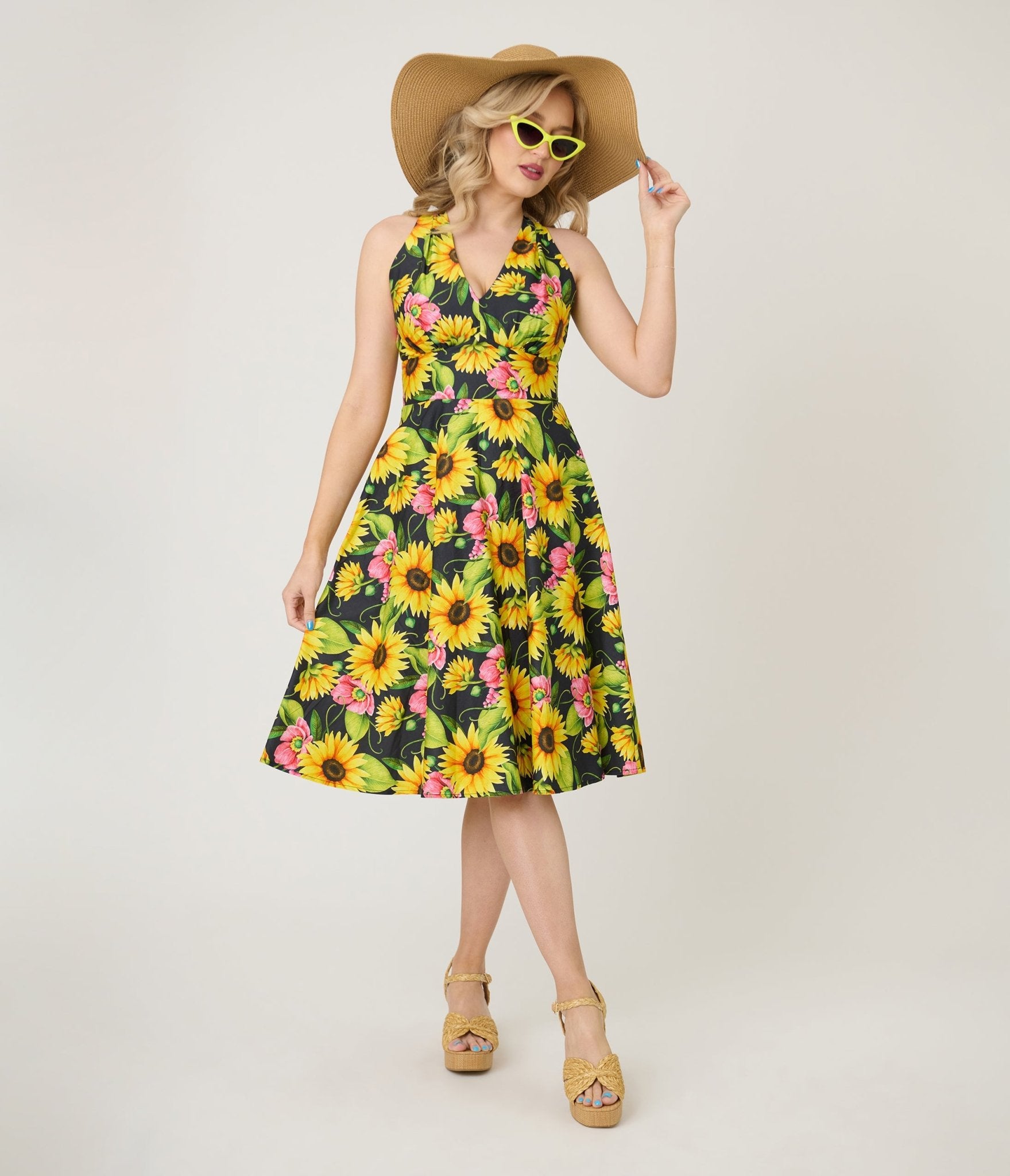 Unique Vintage Sunflower Cotton Halter Swing Dress Unique Vintage Sunflower Cotton Halter Swing Dress
