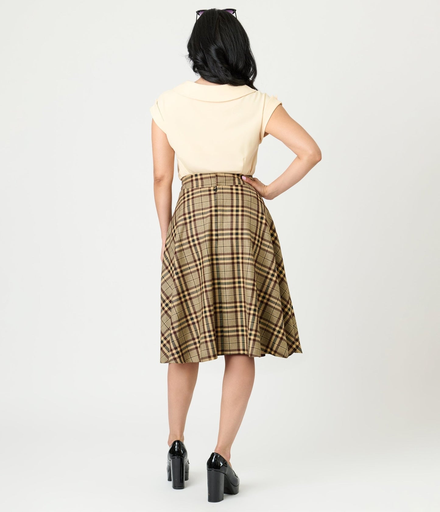 Unique Vintage Tan Plaid Vivian Swing Skirt - Unique Vintage - Womens, BOTTOMS, SKIRTS