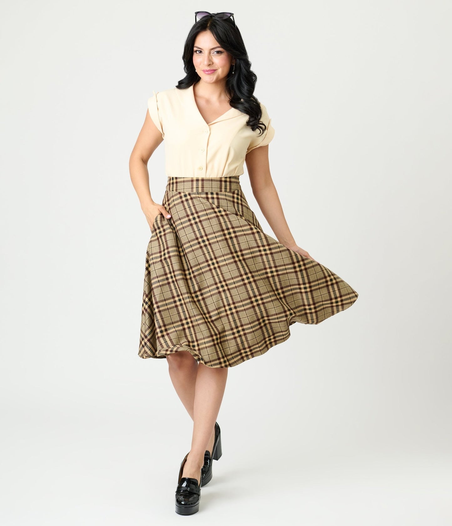 Unique Vintage Tan Plaid Vivian Swing Skirt - Unique Vintage - Womens, BOTTOMS, SKIRTS