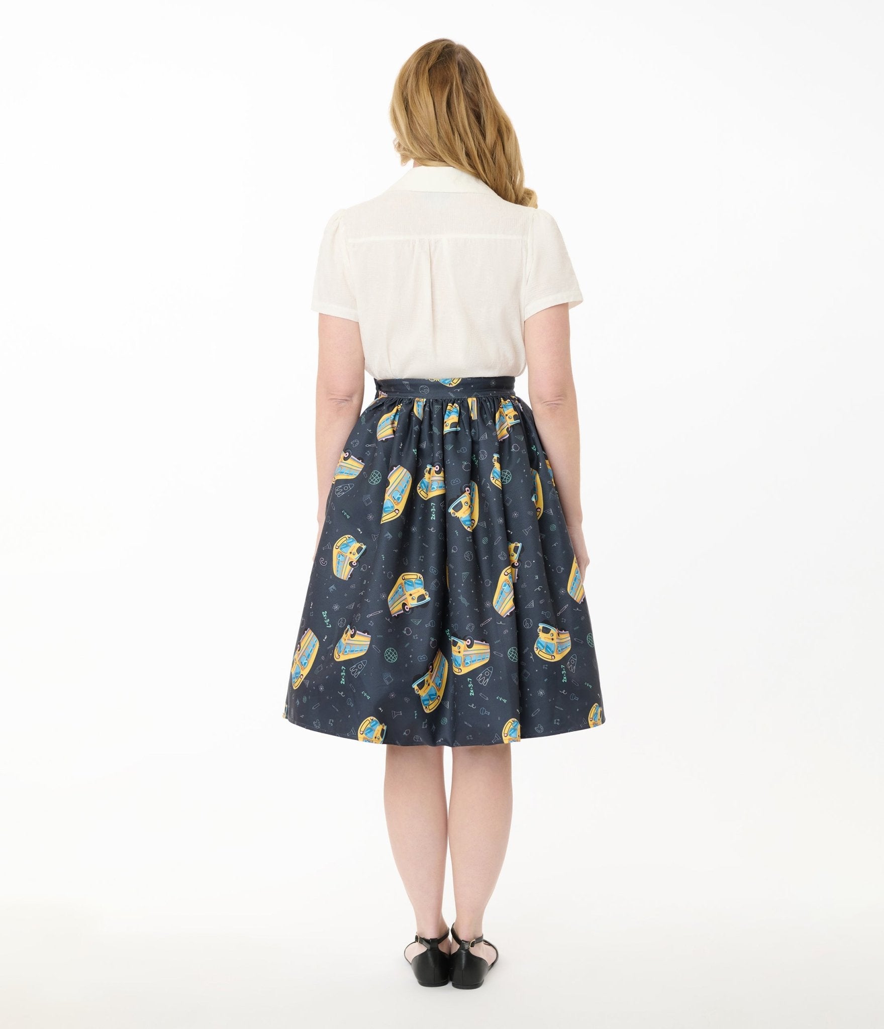 Unique Vintage Teacher Appreciation Navy & School Bus Print Gellar Swing Skirt - Unique Vintage - Womens, BOTTOMS, SKIRTS