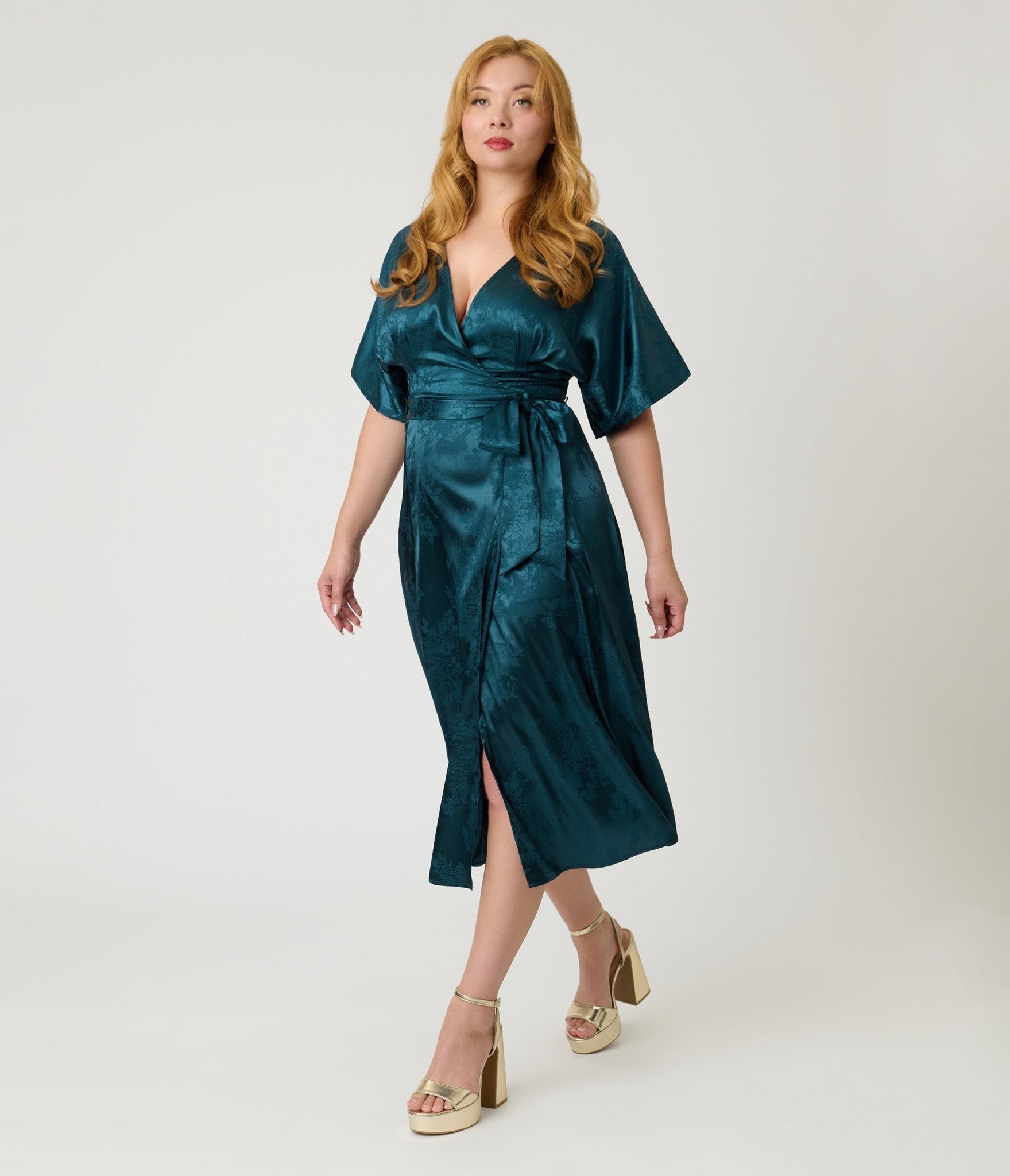 Unique Vintage Teal Floral Brocade Wrap Midi Dress Unique Vintage Teal Floral Brocade Wrap Midi Dress
