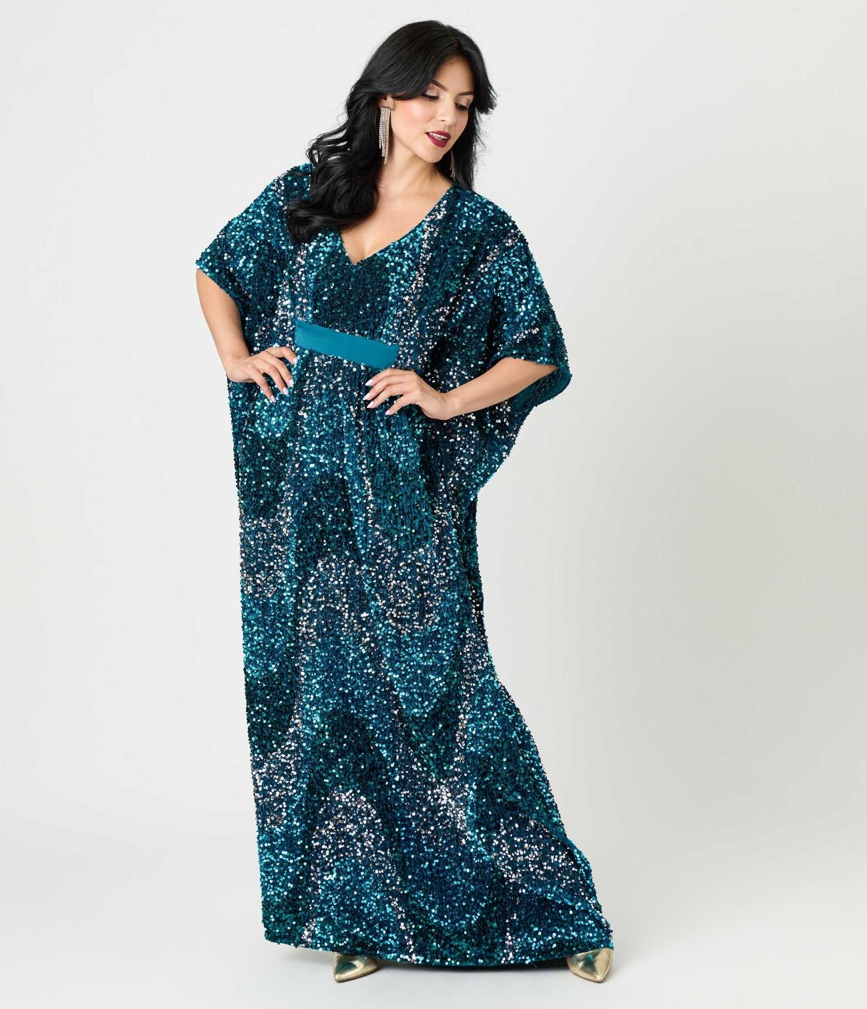 slim fit dress slacks Unique Vintage Teal Sequin Burton Caftan Dress