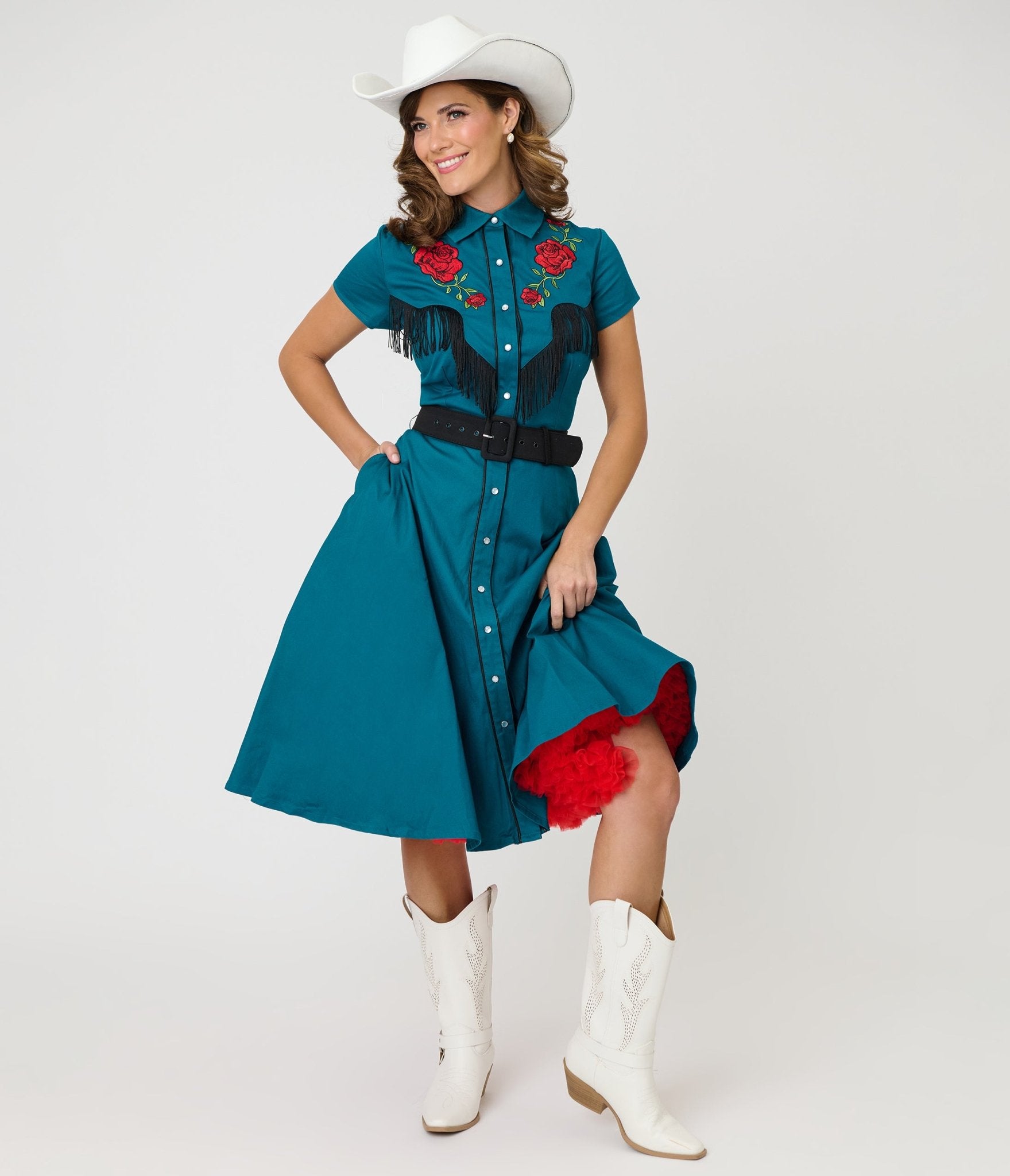 blue backless maxi dress Unique Vintage Teal & Western Rose Madeline Swing Dress