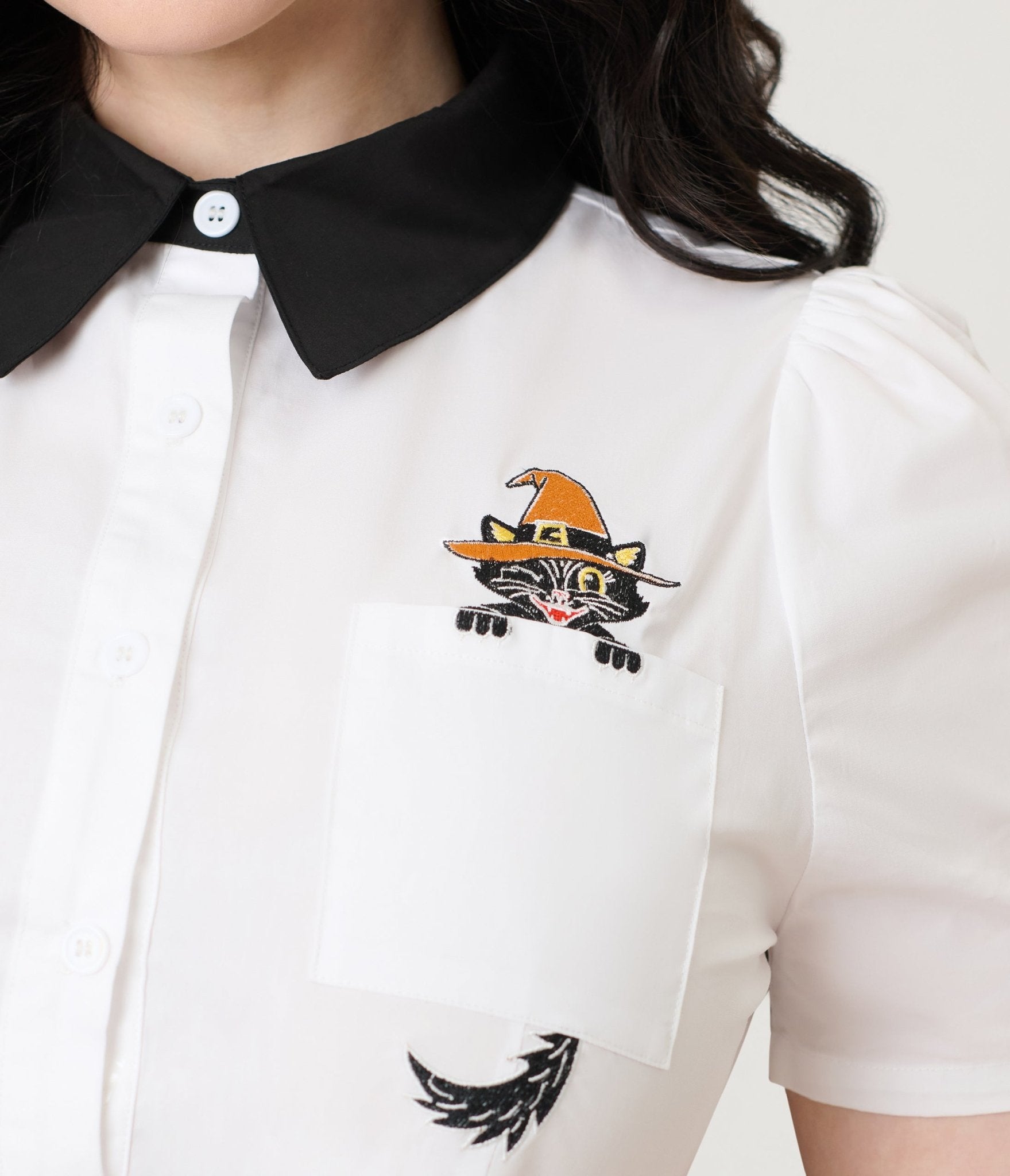 Unique Vintage White Spooky Cat Pocket Collared Blouse - Unique Vintage - Womens, TOPS, WOVEN TOPS
