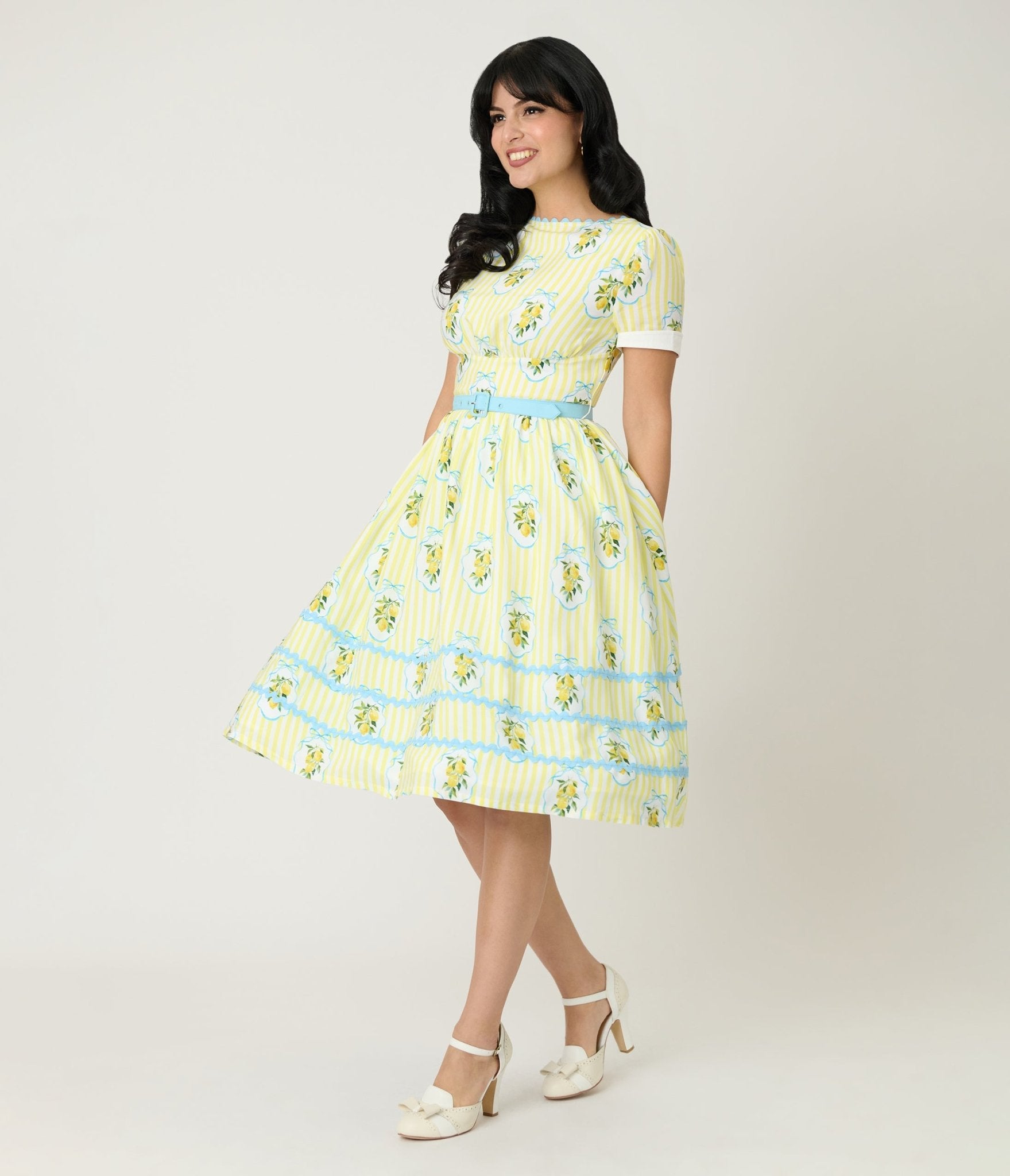 Unique Vintage Yellow Lemon Striped Swing Dress Unique Vintage Yellow Lemon Striped Swing Dress