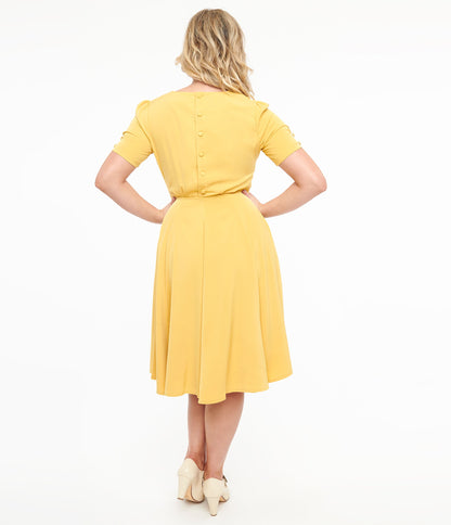 Voodoo Vixen 1940s Mustard Yellow Fit & Flare Dress - Unique Vintage - Womens, DRESSES, SWING