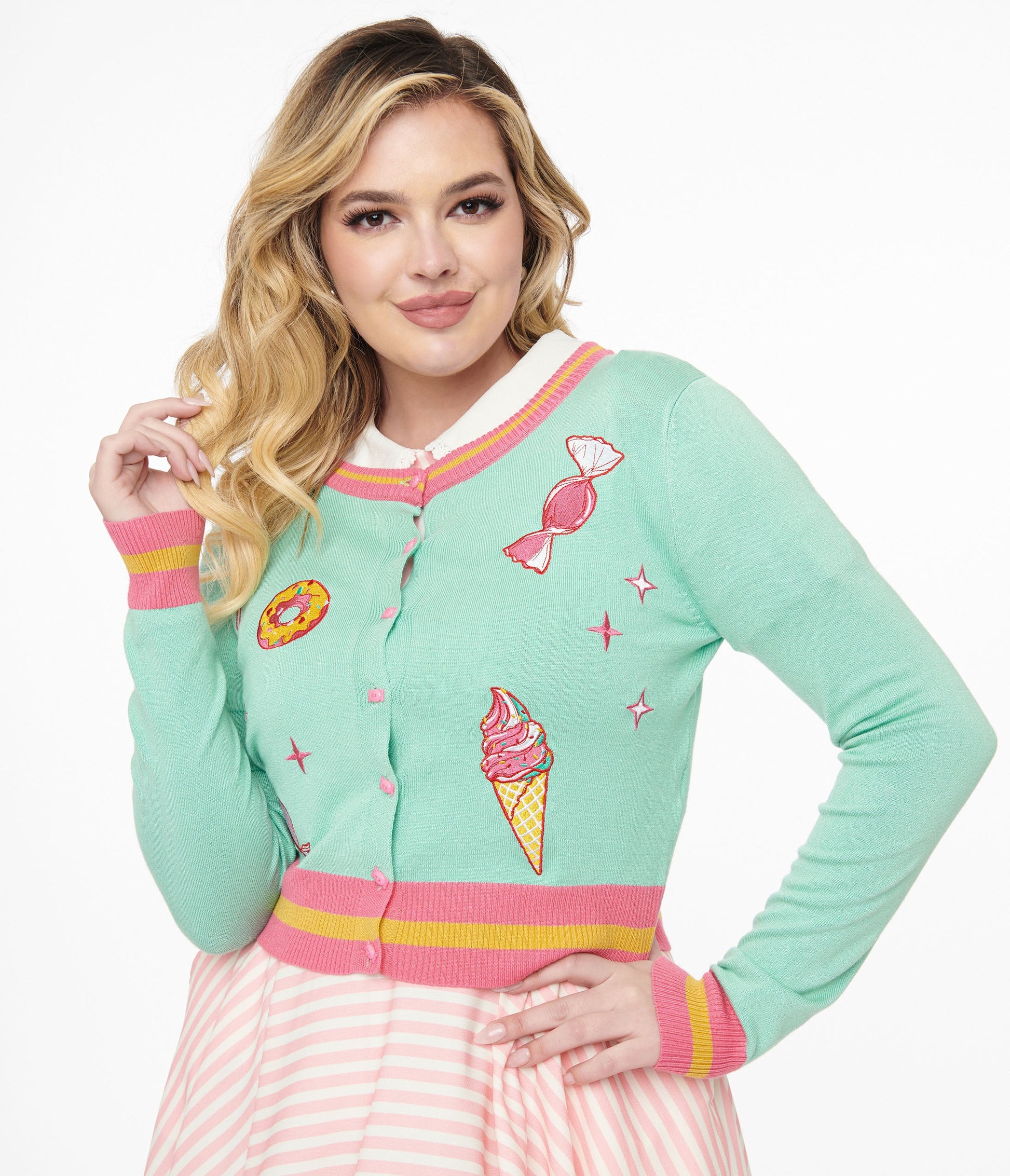 Voodoo Vixen 1950s Mint Green & Pink Sweet Tooth Patch Embroidered Cardigan - Unique Vintage - Womens, TOPS, SWEATERS