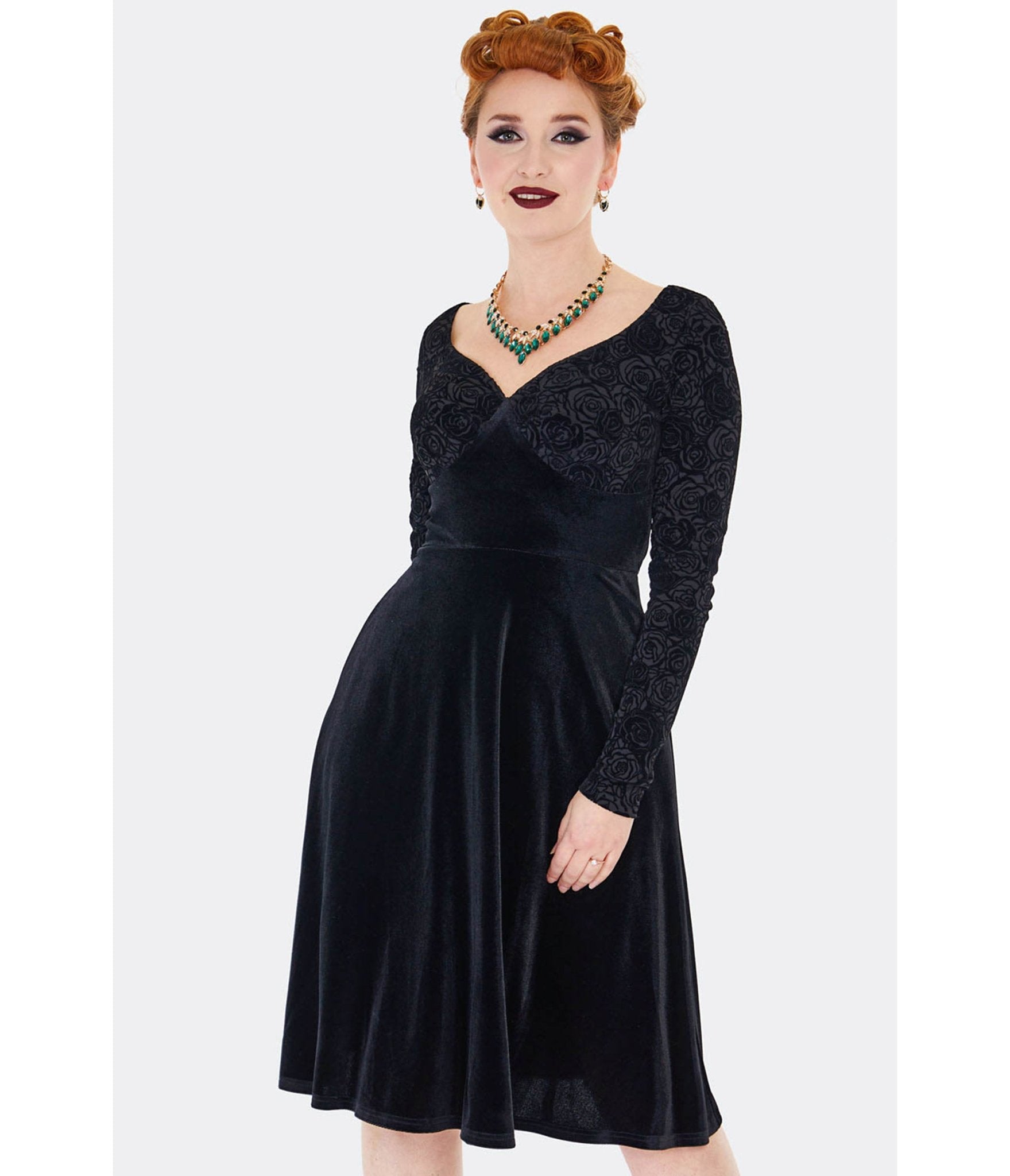 Voodoo Vixen Black Rose Embossed Velvet Swing Dress Unique Vintage Voodoo Vixen Black Rose Embossed Velvet Swing Dress Unique Vintage