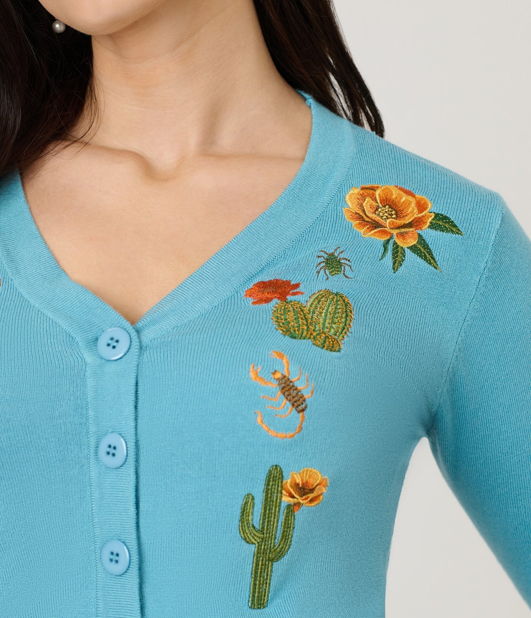 Voodoo Vixen Blue Desert Floral Cactus Embroidered Cardigan - Unique Vintage - Womens, TOPS, SWEATERS