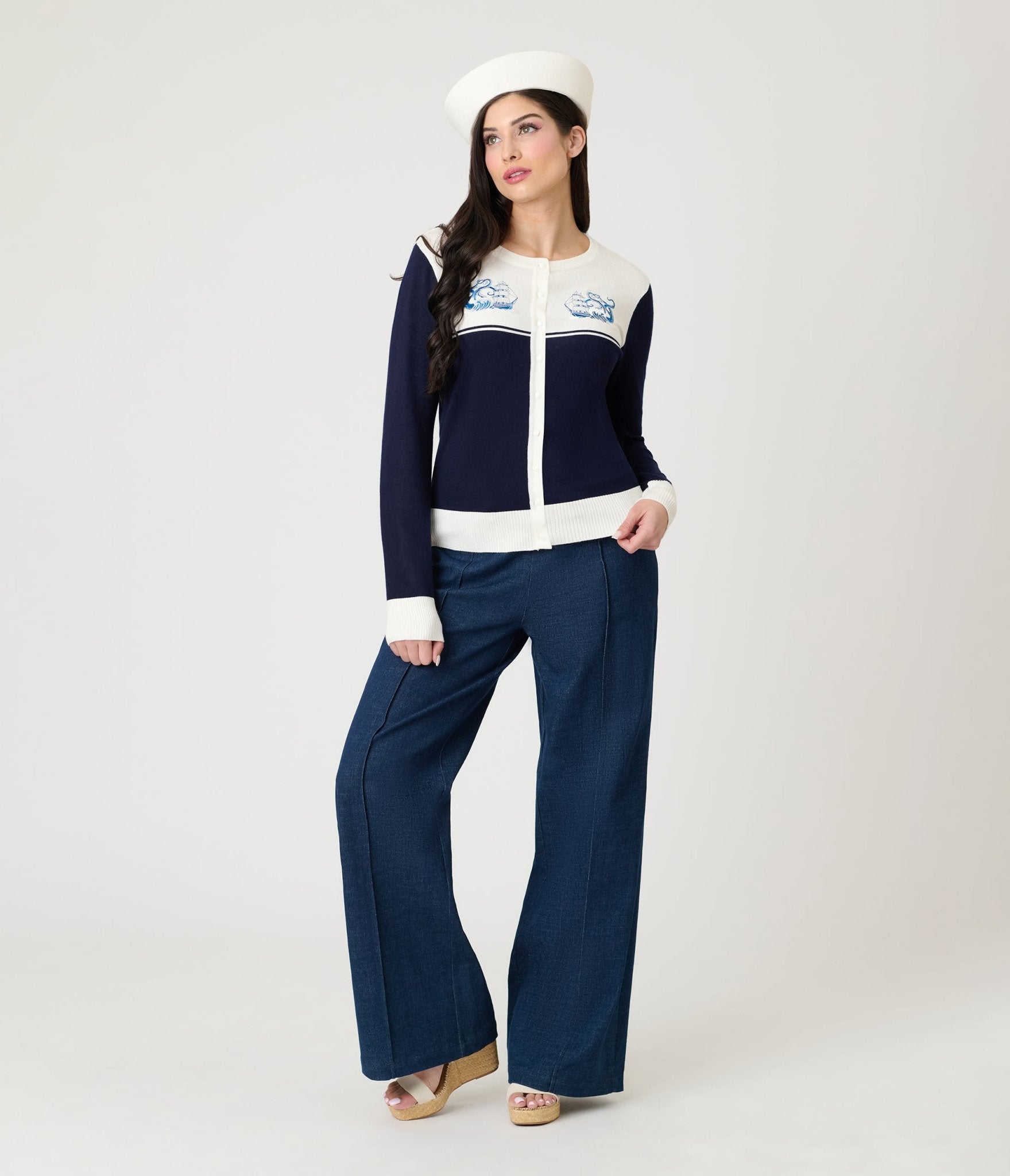 Voodoo Vixen Blue Nautical Wave Embroidery Cardigan - Unique Vintage - Womens, TOPS, SWEATERS