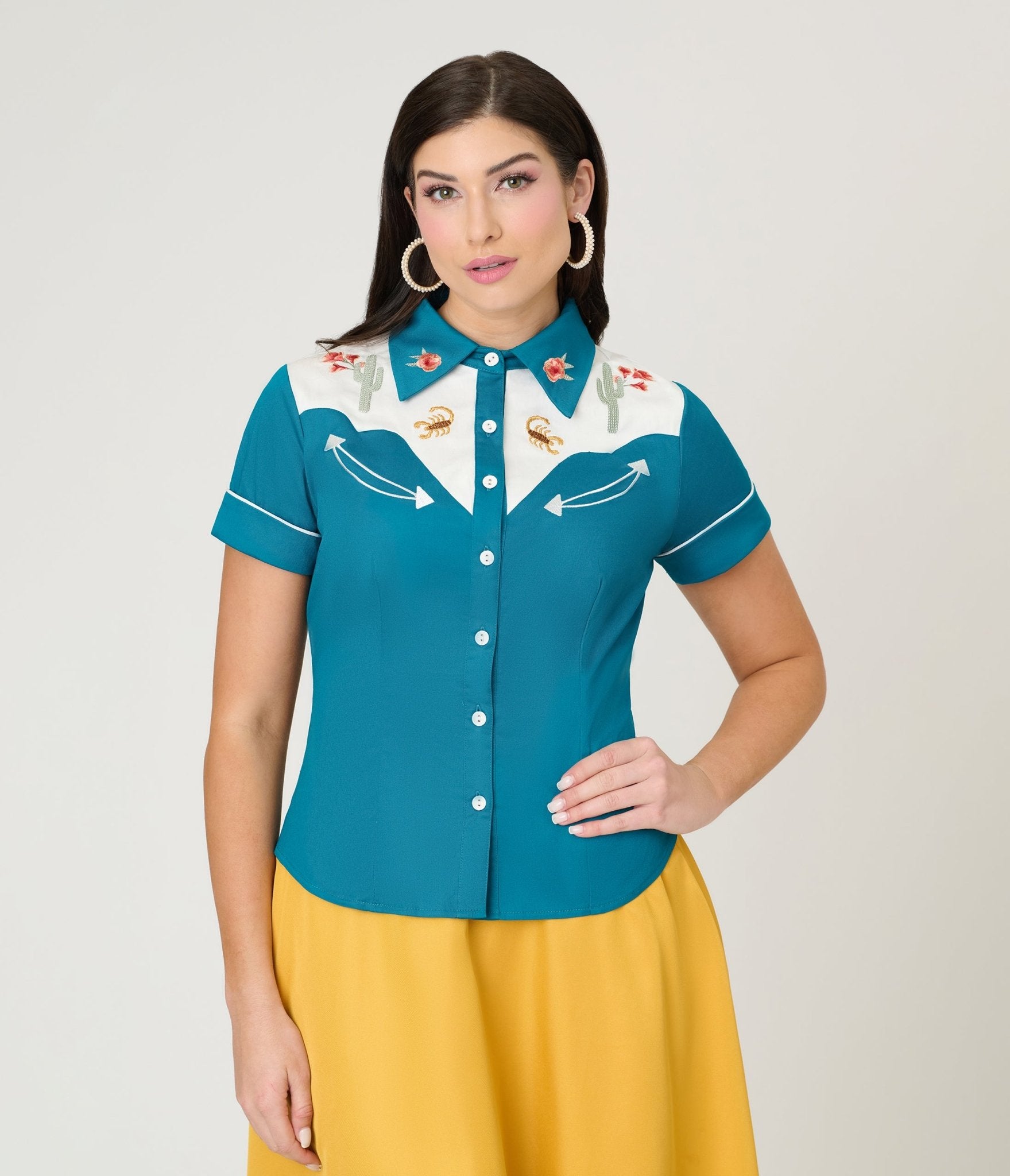 Voodoo Vixen Dark Teal Cactus Floral Western Cotton Blouse - Unique Vintage - Womens, TOPS, SHIRTS
