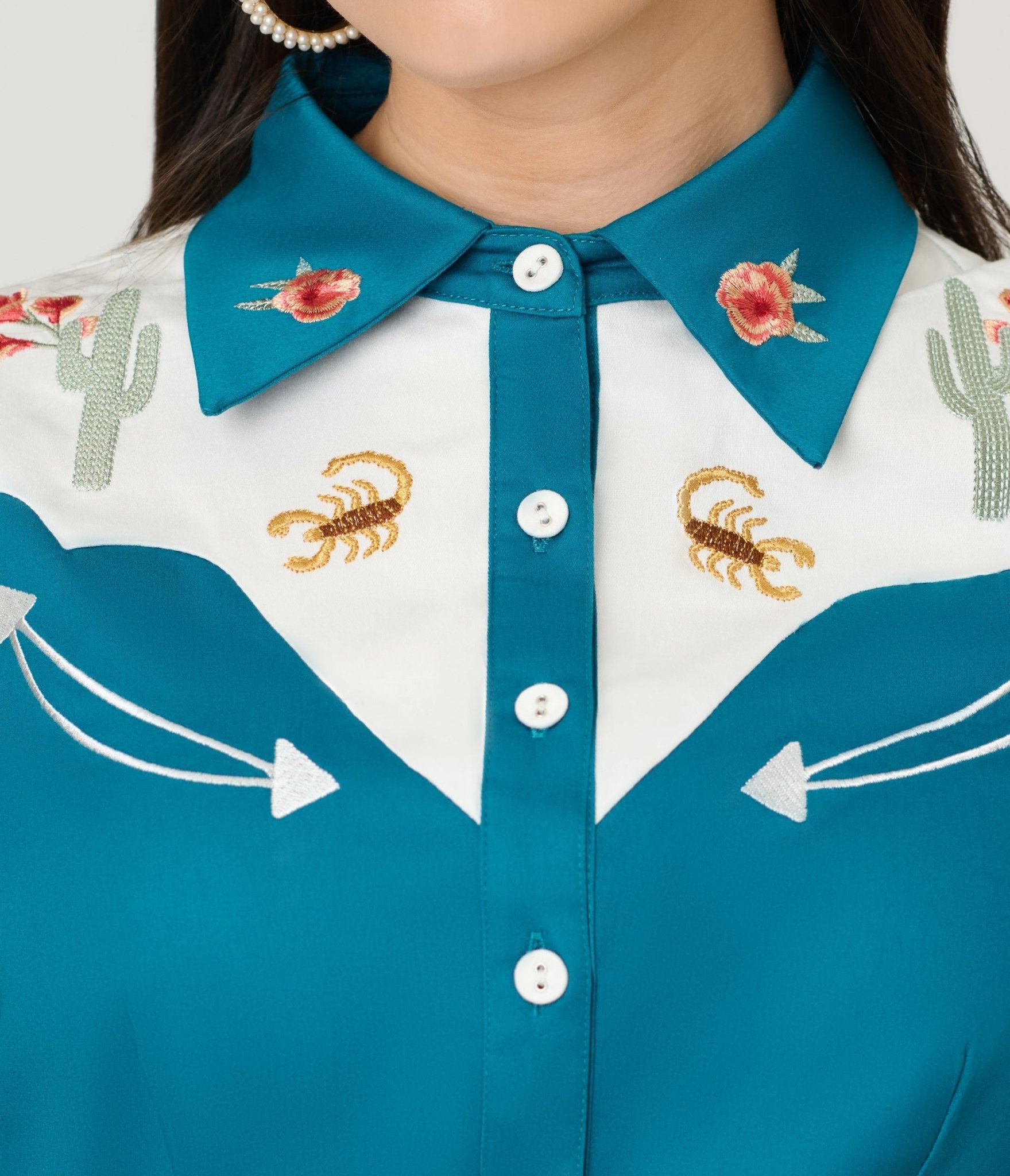 Voodoo Vixen Dark Teal Cactus Floral Western Cotton Blouse - Unique Vintage - Womens, TOPS, SHIRTS