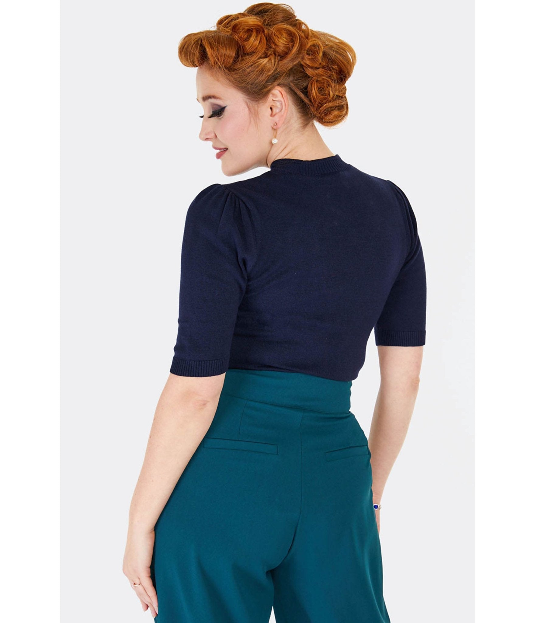 Voodoo Vixen Navy Venus Flytrap Keyhole Sweater - Unique Vintage - Womens, TOPS, SWEATERS