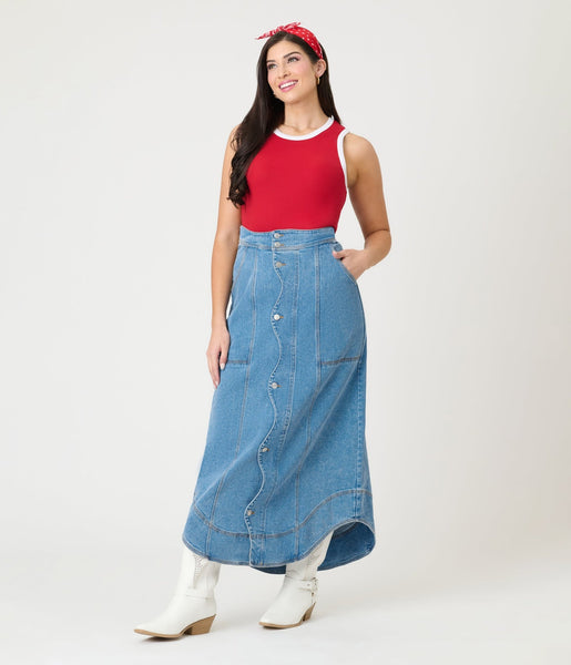 スカート Wavy Curved Long Denim Skirt VINTAGE BLUE wavy-placket-denim-maxi-skirt-