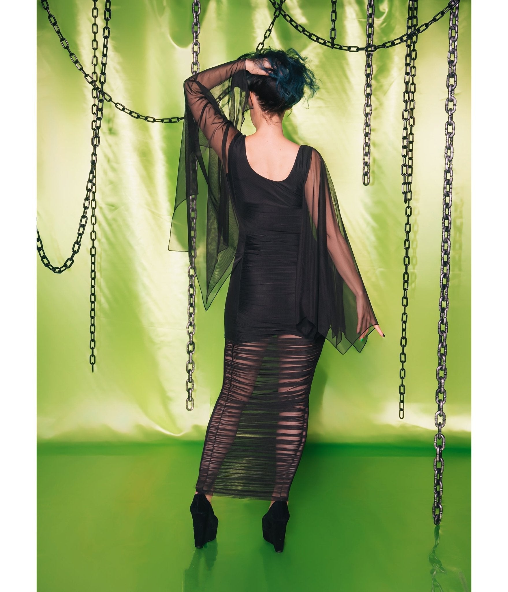 Weasel Wear Black Ruched Chiffon Heather Maxi Dress - Unique Vintage - Womens, DRESSES, WIGGLE