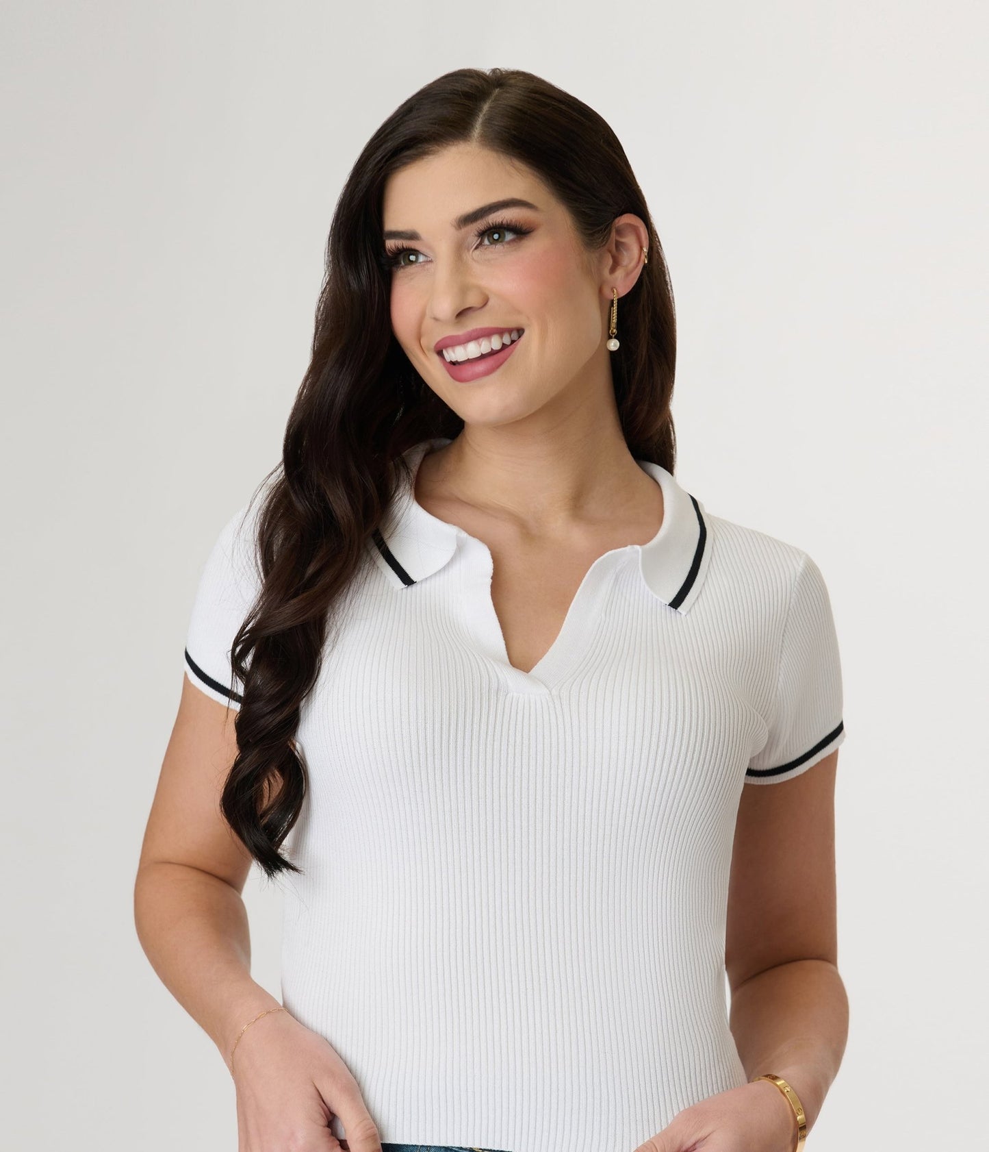 White Collared Polo Top - Unique Vintage - Womens, TOPS, SHIRTS