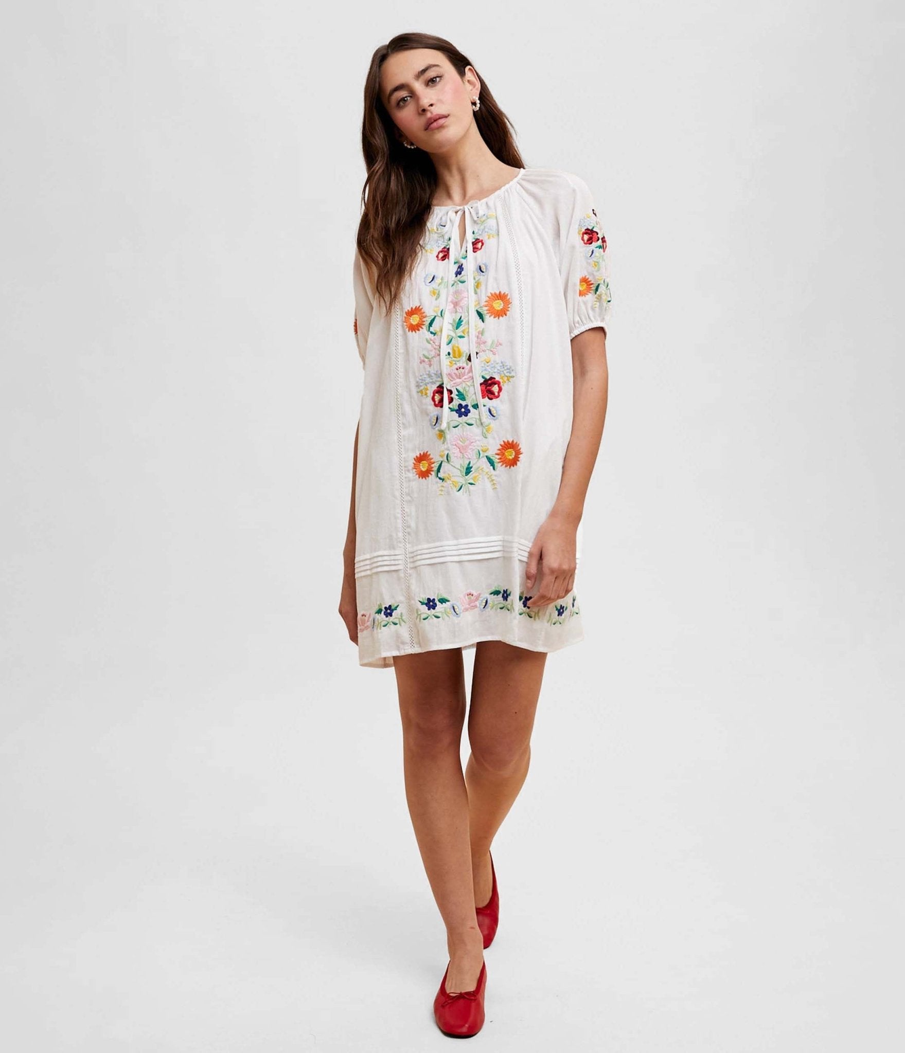 White Floral Bouquet Embroidered Cotton Mini Dress - Unique Vintage - Womens, DRESSES, BABYDOLL