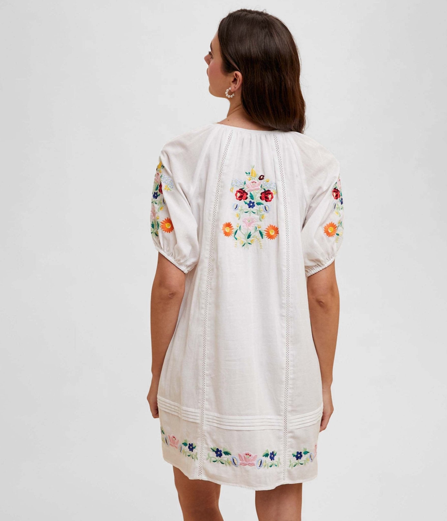 White Floral Bouquet Embroidered Cotton Mini Dress - Unique Vintage - Womens, DRESSES, BABYDOLL