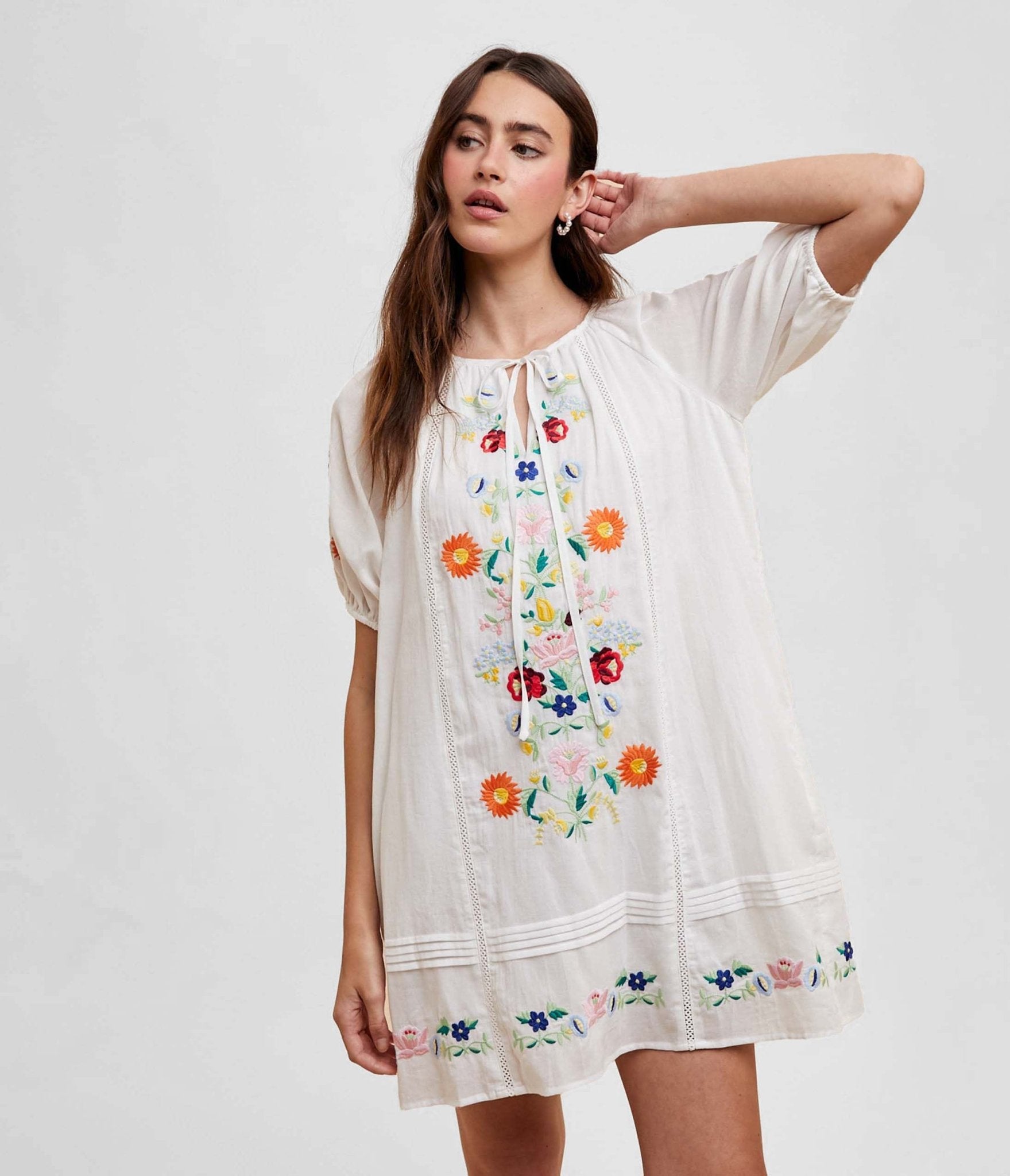 White Floral Bouquet Embroidered Cotton Mini Dress - Unique Vintage - Womens, DRESSES, BABYDOLL