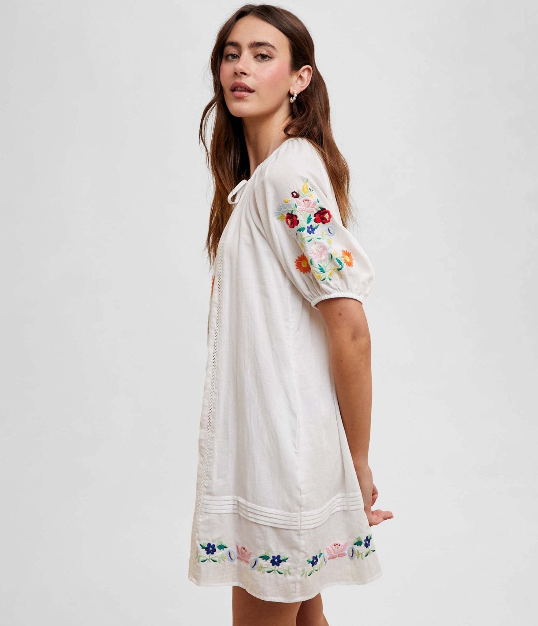 White Floral Bouquet Embroidered Cotton Mini Dress - Unique Vintage - Womens, DRESSES, BABYDOLL
