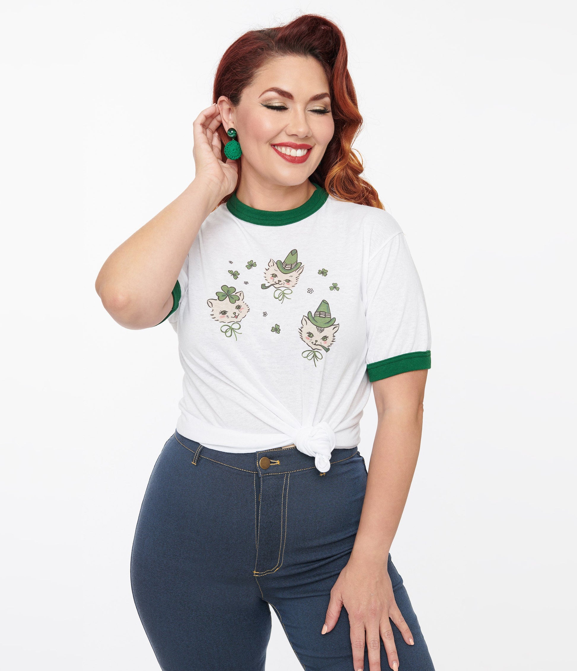 White & Green Saint Paddy Cats Fitted Graphic Tee - Unique Vintage - Womens, GRAPHIC TEES, TEES
