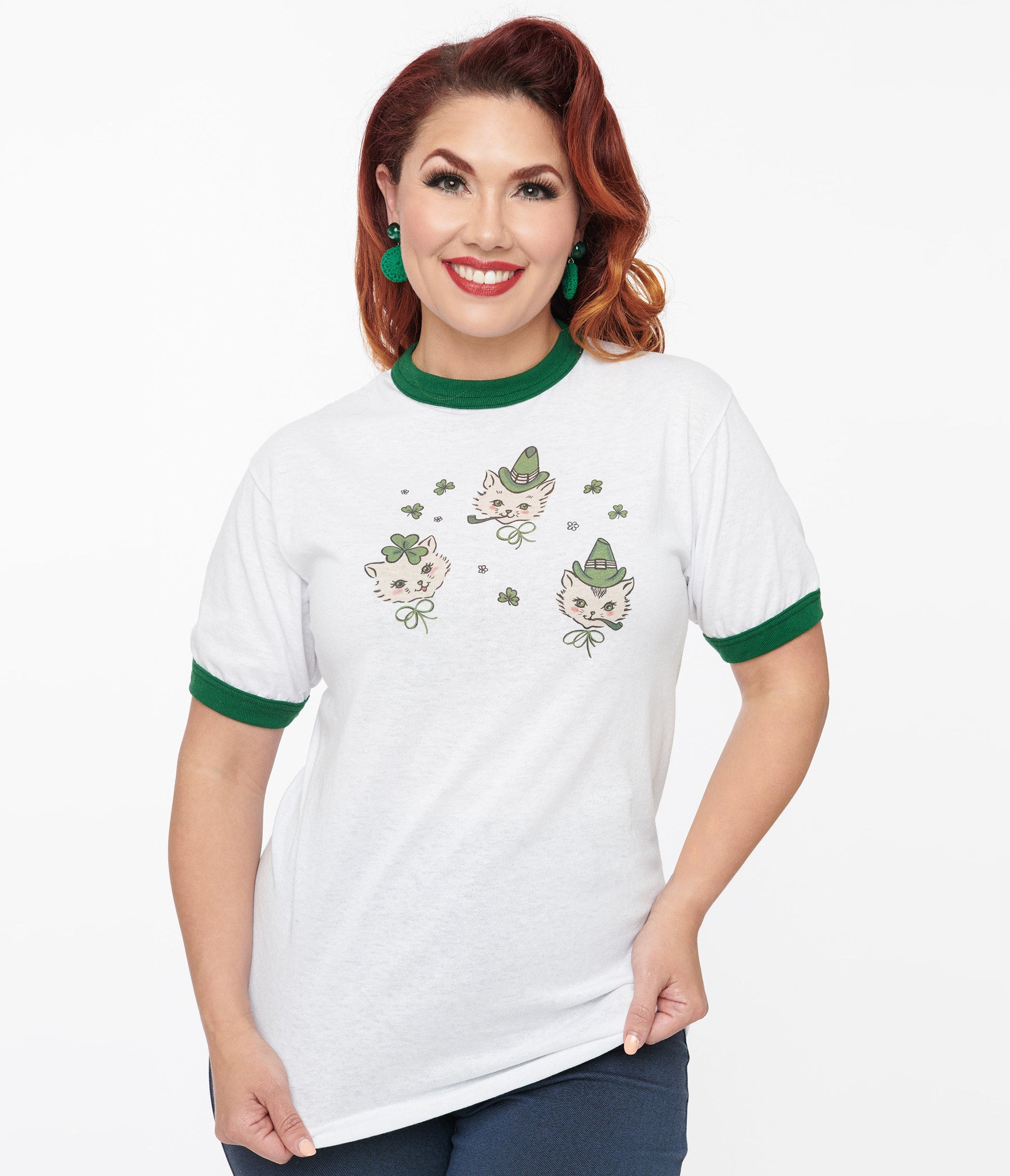 White & Green Saint Paddy Cats Fitted Graphic Tee - Unique Vintage - Womens, GRAPHIC TEES, TEES