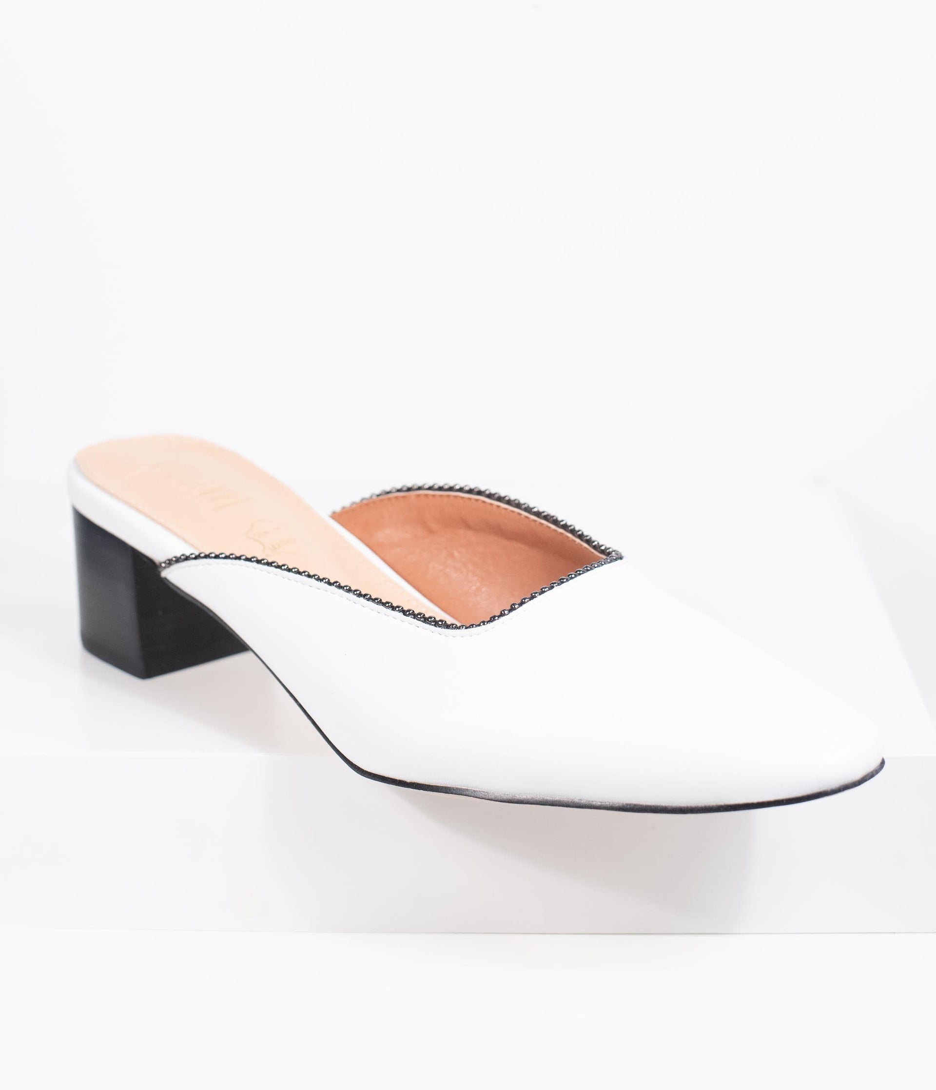 White Leatherette Beaded Piping Pointed Toe Mule - Unique Vintage - Womens, SHOES, HEELS