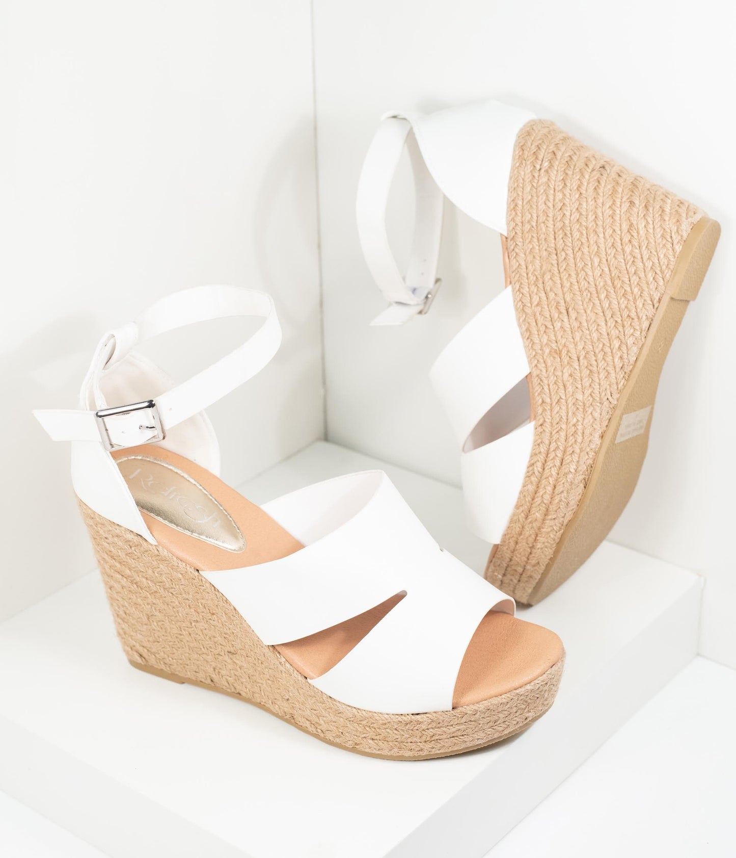 White Leatherette Espadrille Wedge Sandals - Unique Vintage - Womens, SHOES, HEELS