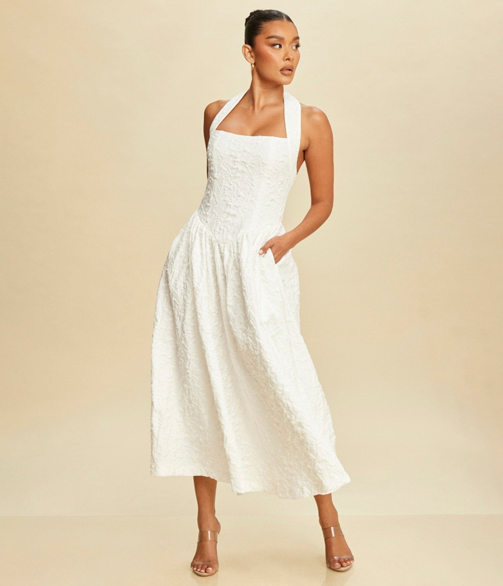 White Puff Jacquard Midi Dress - Unique Vintage - Womens, DRESSES, MIDI