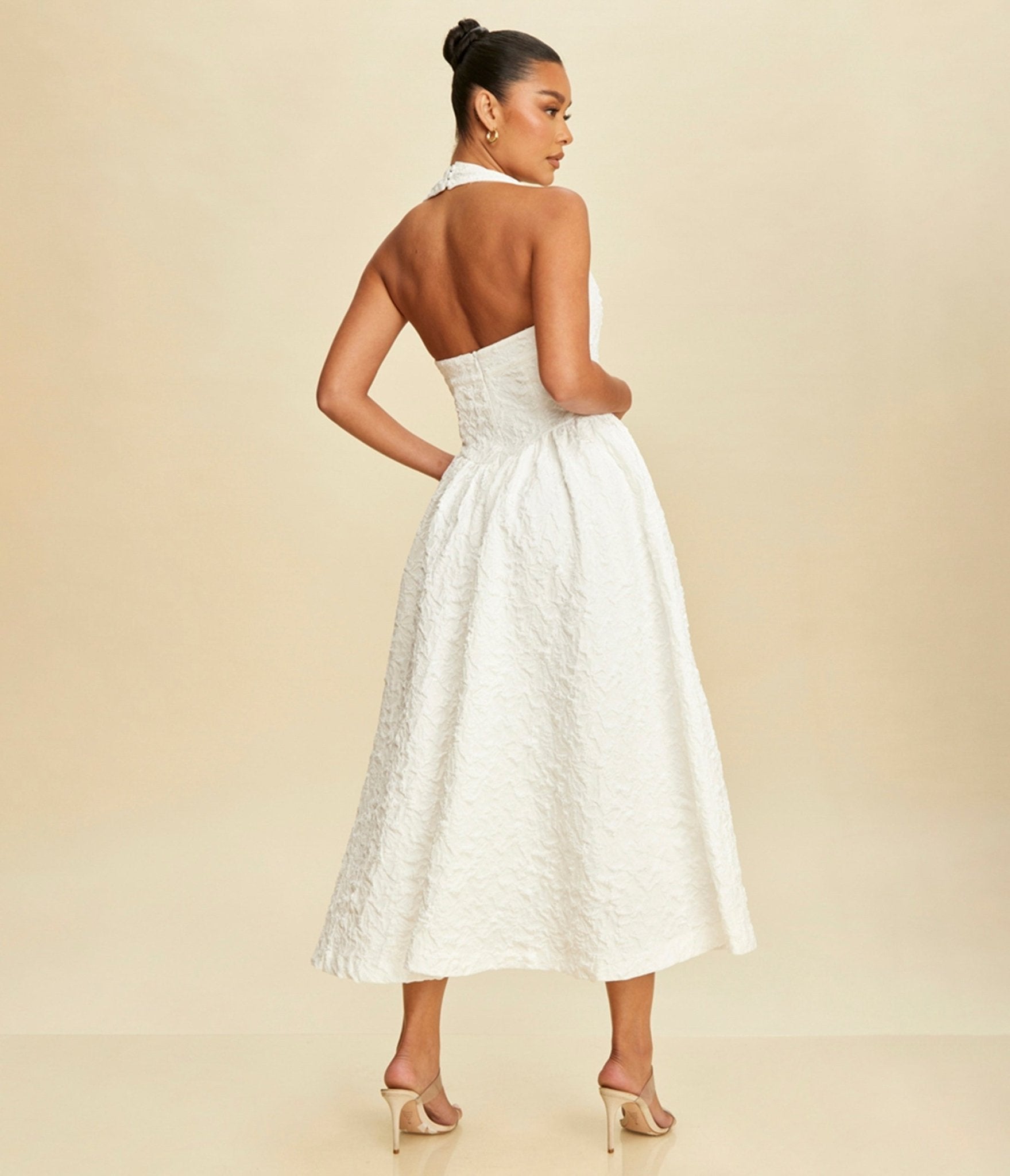 White Puff Jacquard Midi Dress - Unique Vintage - Womens, DRESSES, MIDI