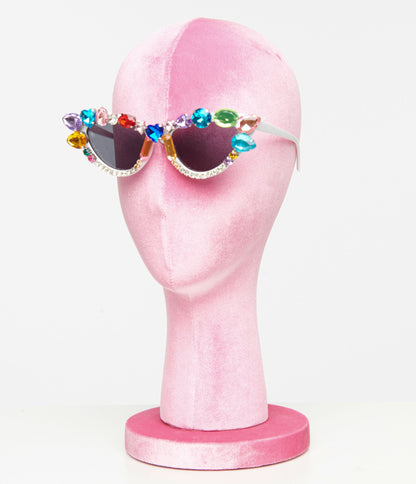 White & Rainbow Gemstone Cat Eye Sunglasses - Unique Vintage - Womens, ACCESSORIES, SUNGLASSES