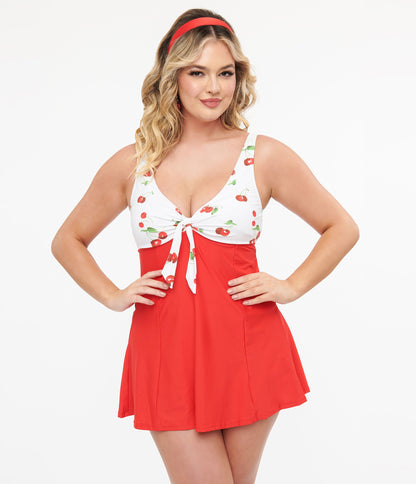 White & Red Cherry Print Skirted Swimsuit - Unique Vintage - Womens, SWIM, 1 PC