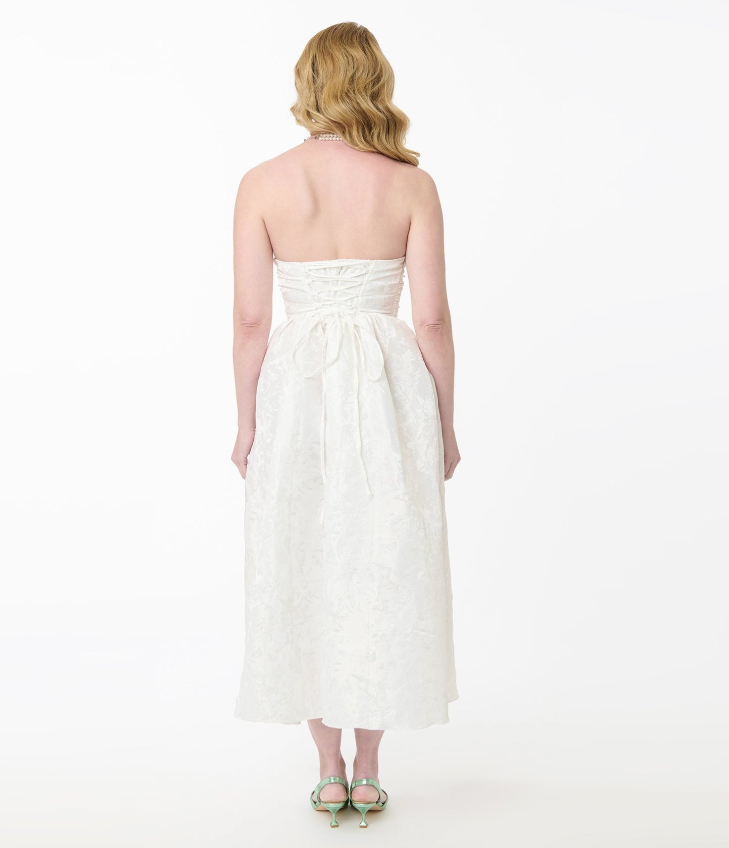White Satin Jacquard Bandeau Midi Dress - Unique Vintage - Womens, DRESSES, MIDI