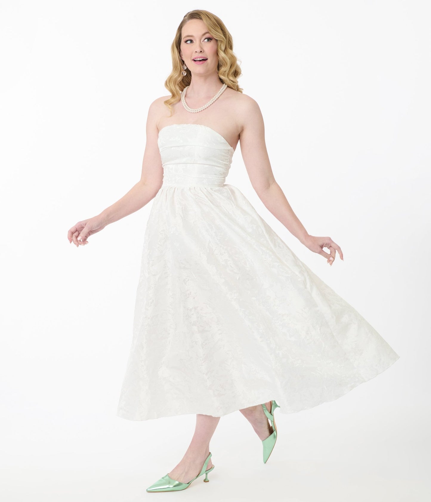 White Satin Jacquard Bandeau Midi Dress - Unique Vintage - Womens, DRESSES, MIDI