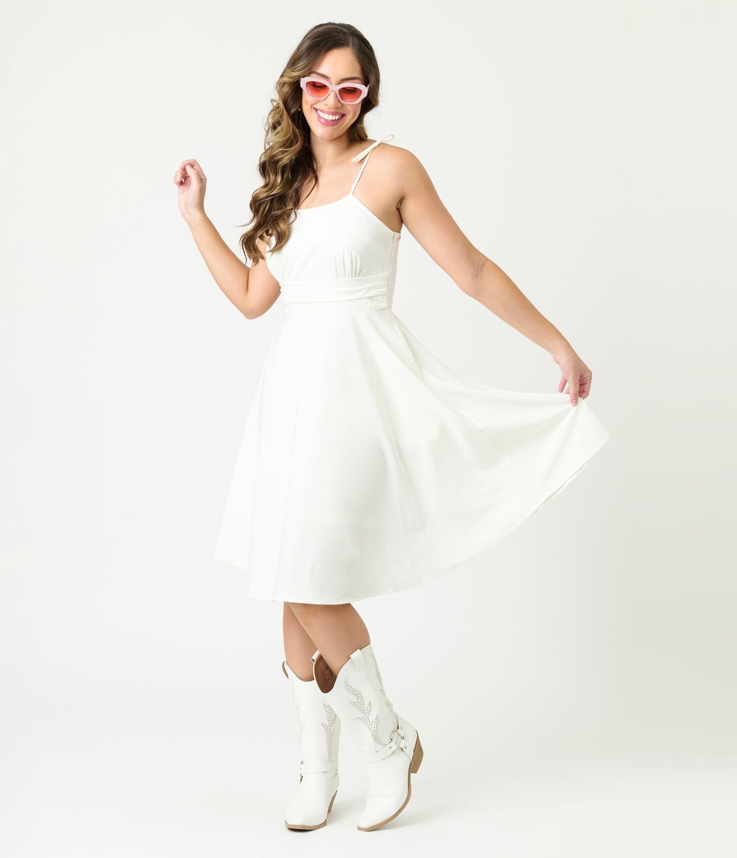 White Tea Length Fit & Flare Dress - Unique Vintage - Womens, DRESSES, FIT AND FLARE