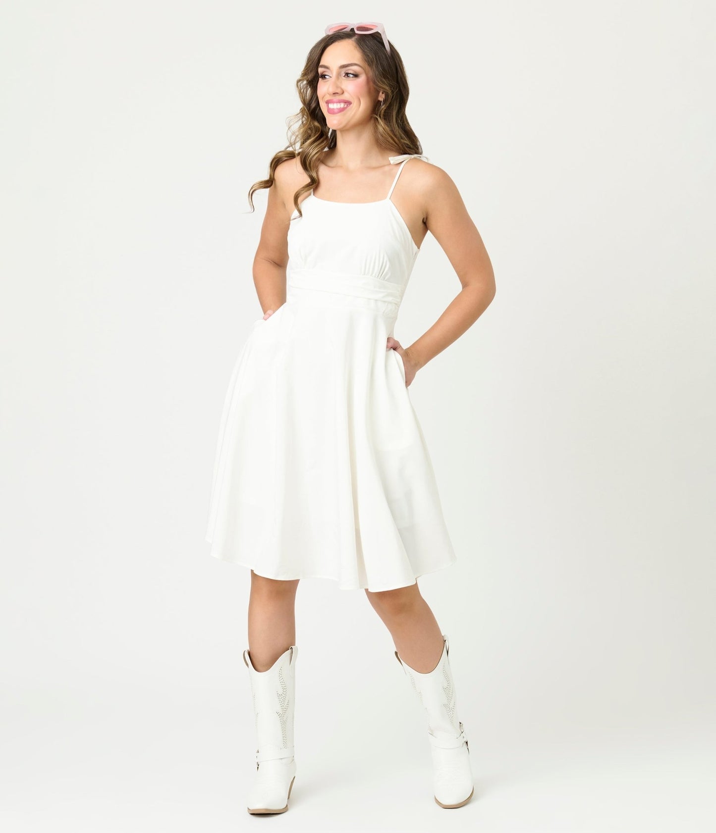 White Tea Length Fit & Flare Dress - Unique Vintage - Womens, DRESSES, FIT AND FLARE