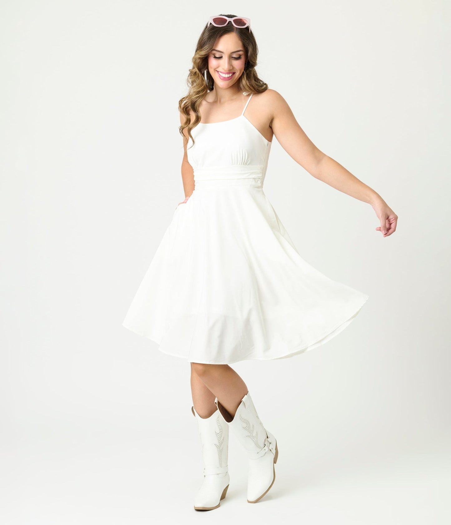 White Tea Length Fit & Flare Dress - Unique Vintage - Womens, DRESSES, FIT AND FLARE